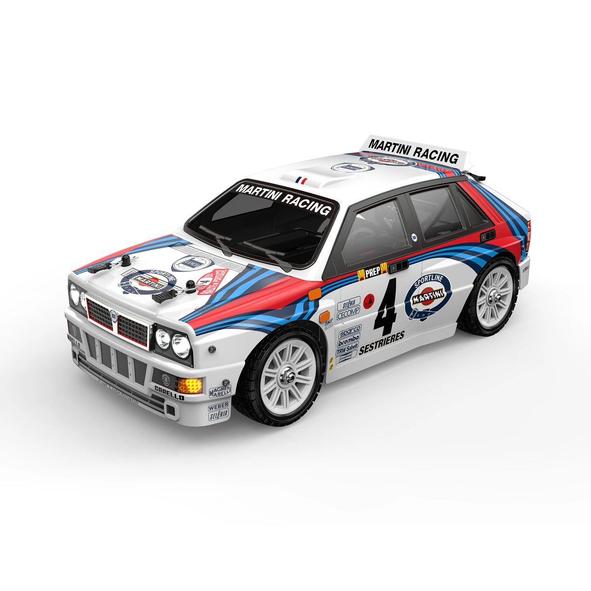 Weißes Modellauto mit Martini Racing Aufklebern und der Nummer 4 auf der Seite