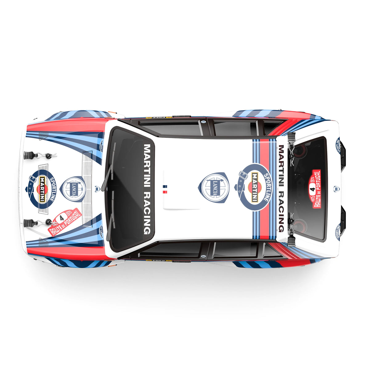 Draufsicht auf ein weißes Modellauto mit roten und blauen Streifen und Martini Racing Logos