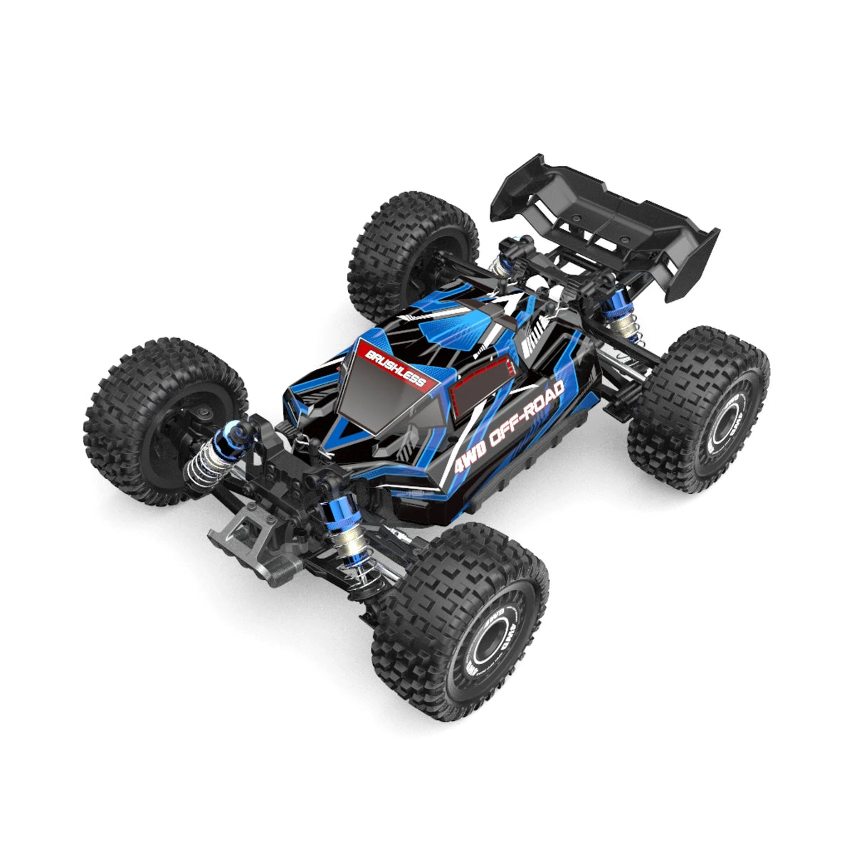 Blauer und schwarzer ferngesteuerter Offroad-Buggy mit 4WD-Antrieb und bürstenlosem Motor
