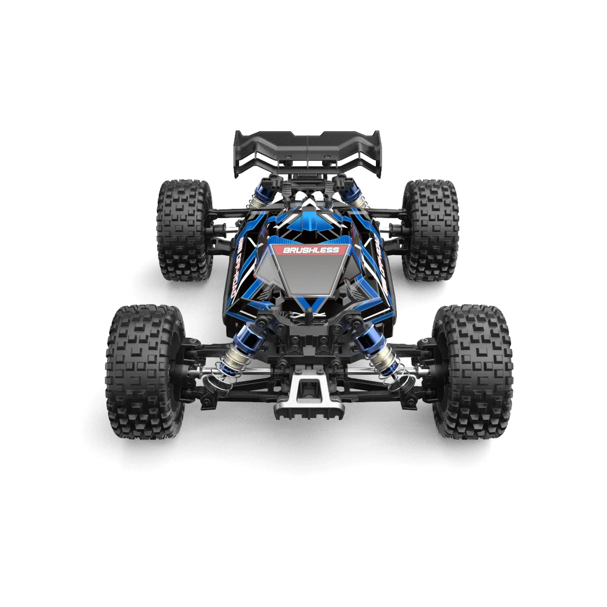 Blau-schwarzes ferngesteuertes Auto mit Offroad-Reifen und Federung