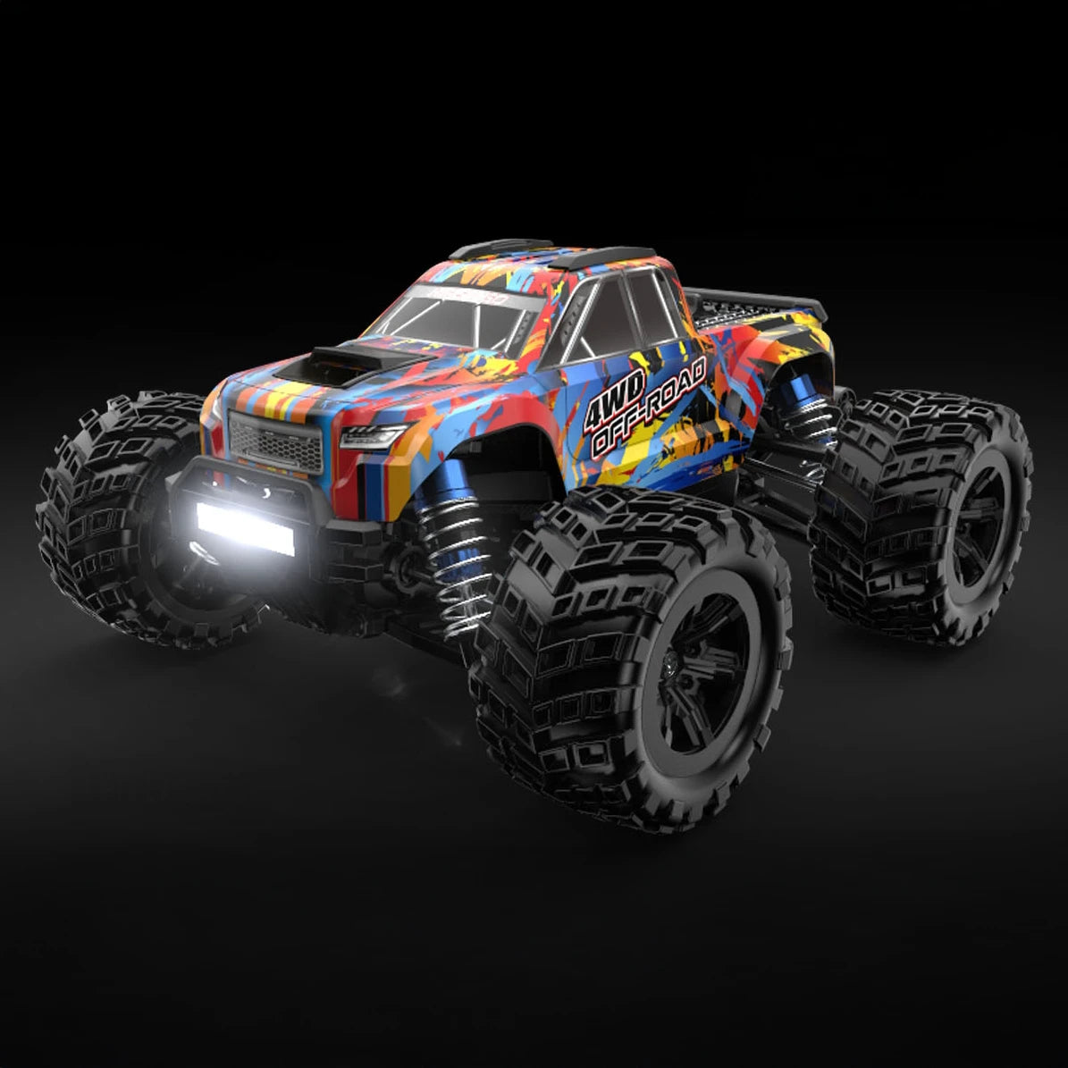 RC-Truck mit bunten Mustern und leuchtenden Scheinwerfern