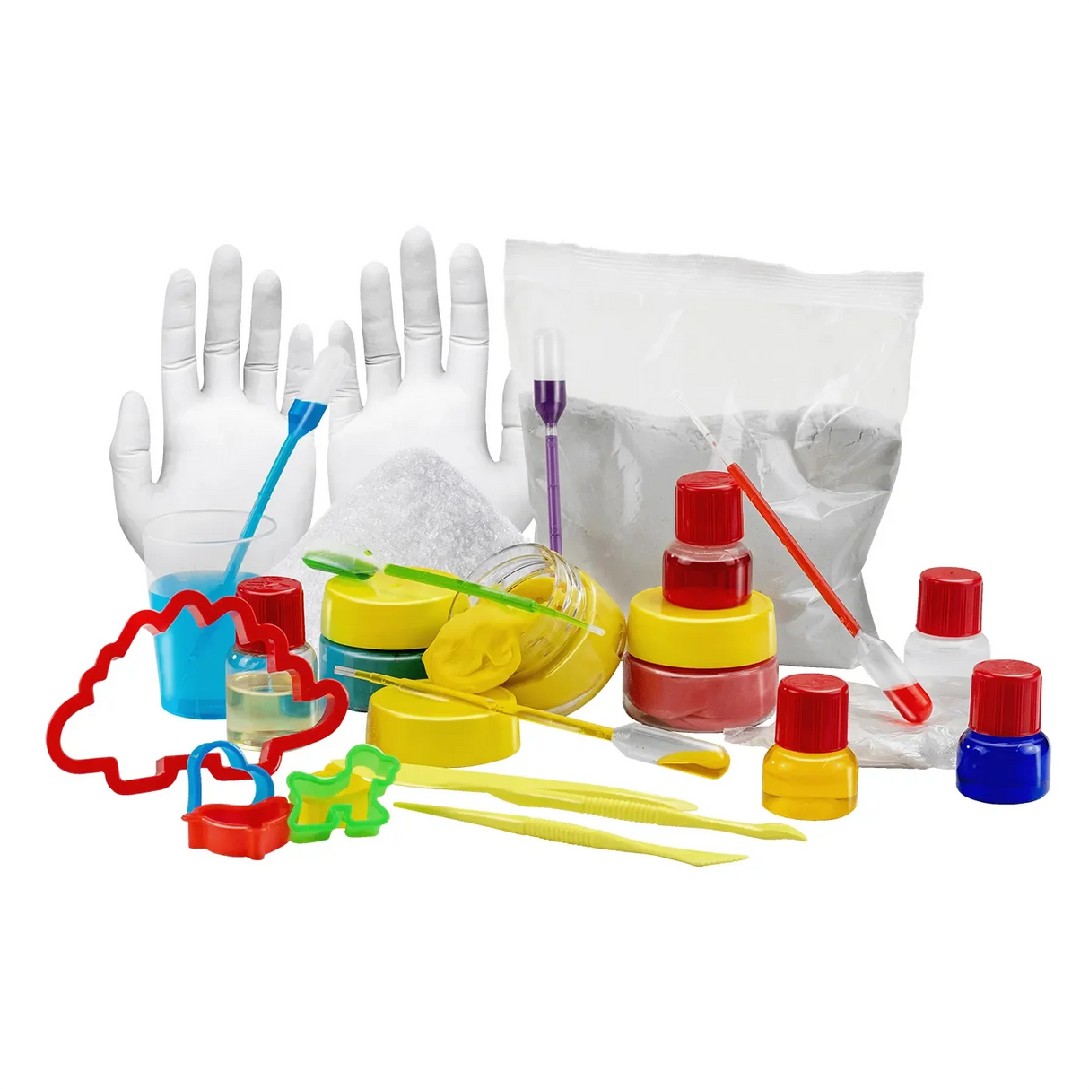 Bastelset mit Handschuhen, Pulver, Flüssigkeiten, Ausstechformen und Werkzeugen