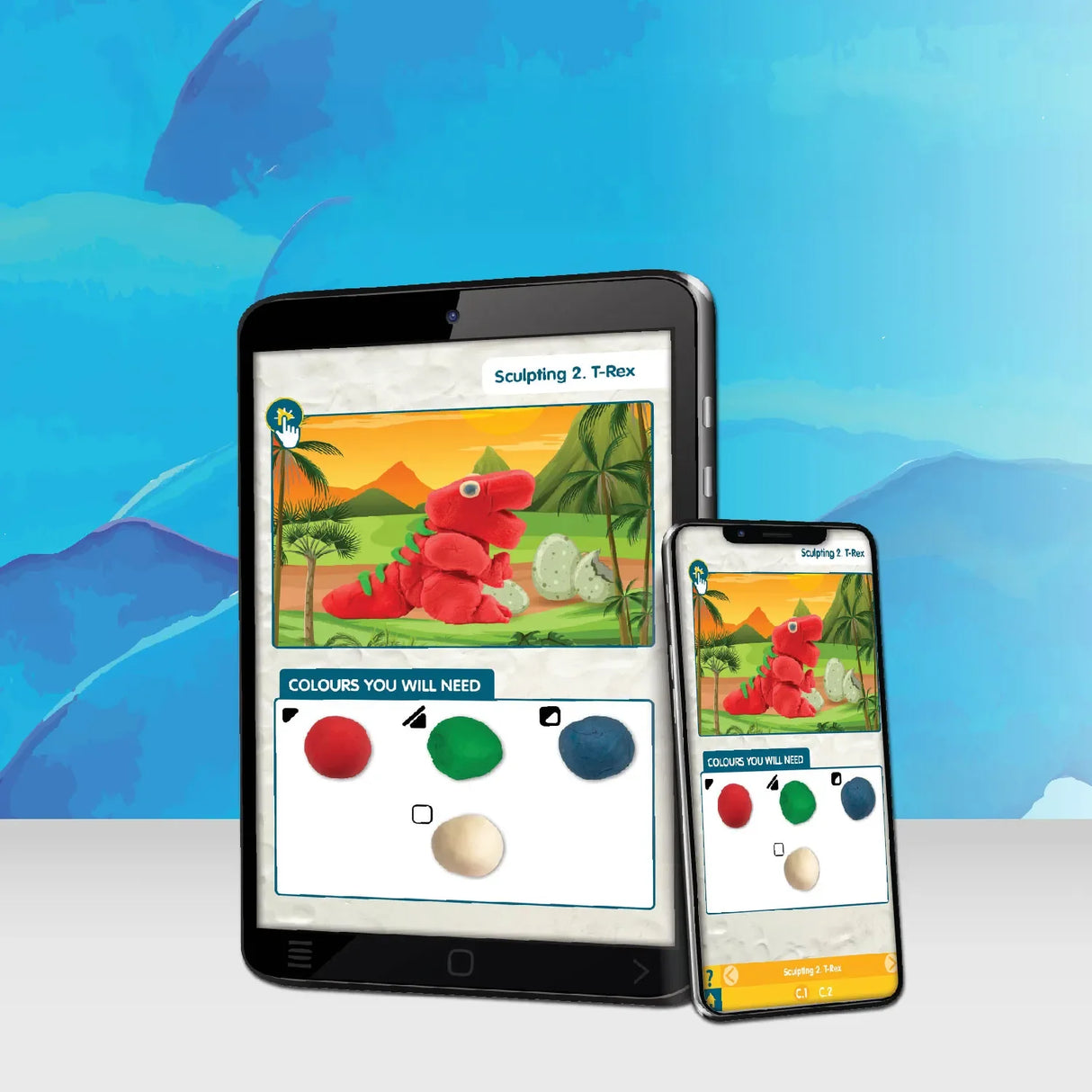 Tablet und Smartphone zeigen eine Anleitung zum Modellieren eines roten T-Rex mit Knete