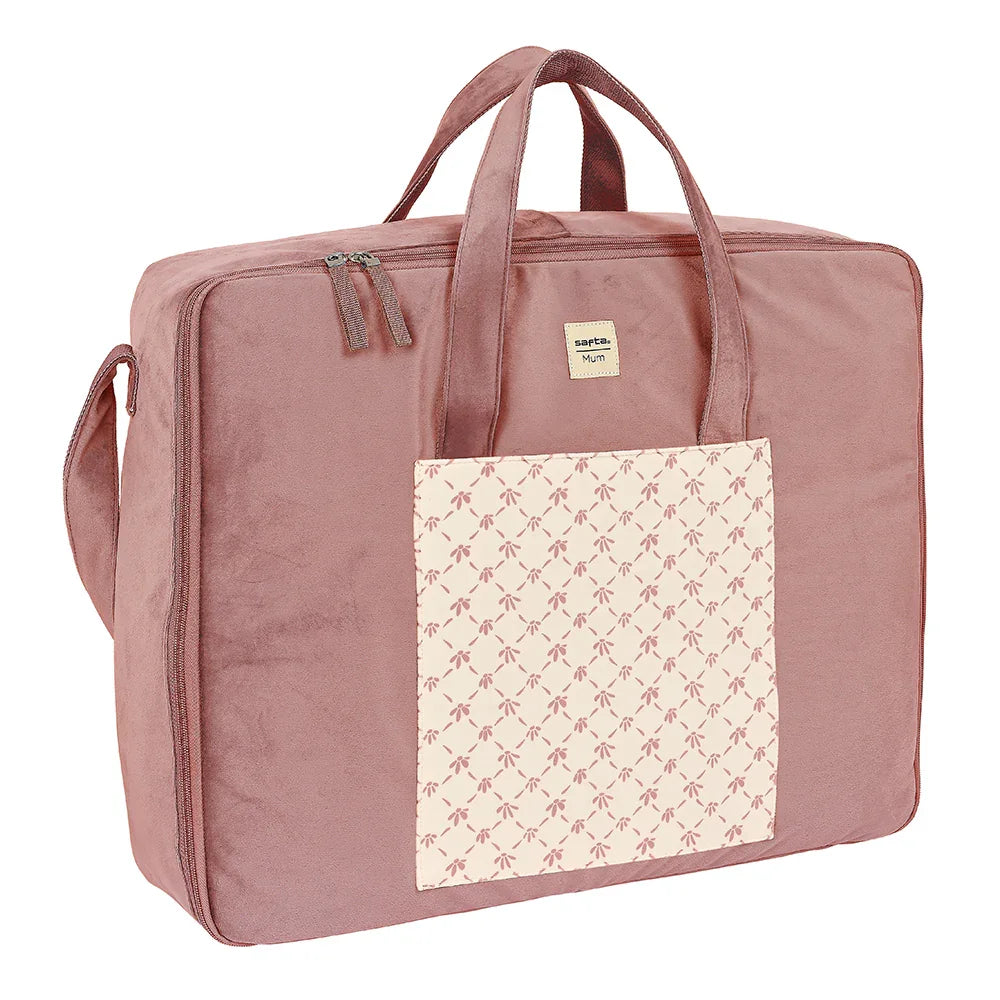 Rosa Wickeltasche mit gemusterter Vordertasche und Tragegriffen