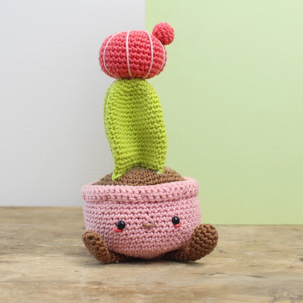 Gehäkelter Kaktus in einem rosa Topf mit Gesicht und kleinen braunen Füßen