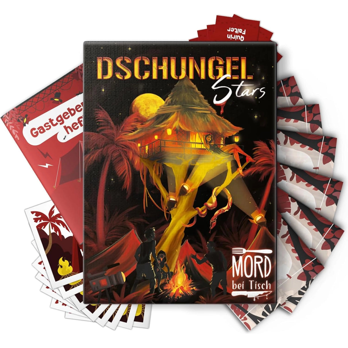 Dschungel Stars Mord bei Tisch Spielbox mit Karten und Anleitungsheft