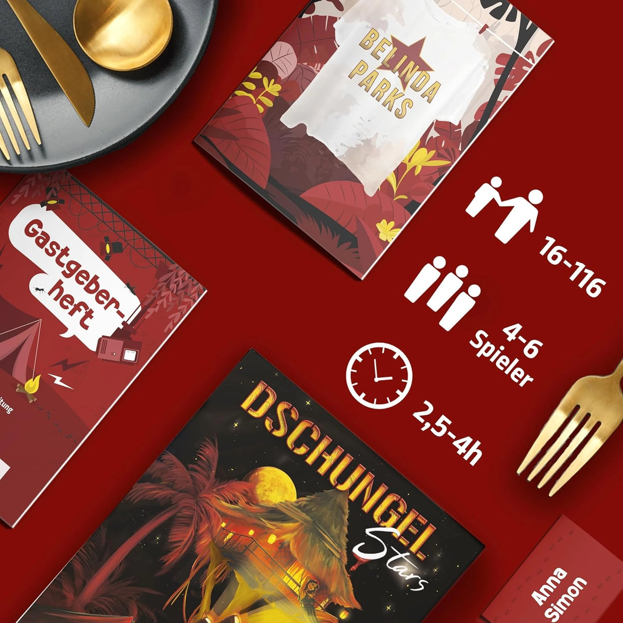 Drei Brettspiele auf rotem Hintergrund mit goldenem Besteck und Spielinformationen