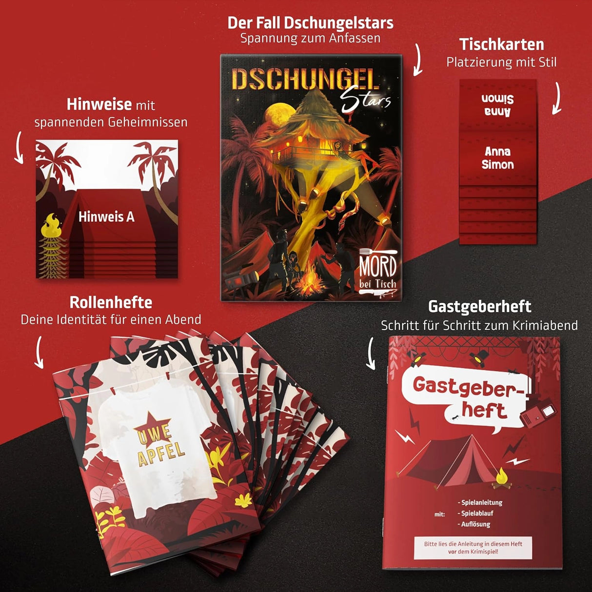 Dschungelstars Krimispiel-Set mit Hinweisen, Rollenheften, Tischkarten und Gastgeberheft