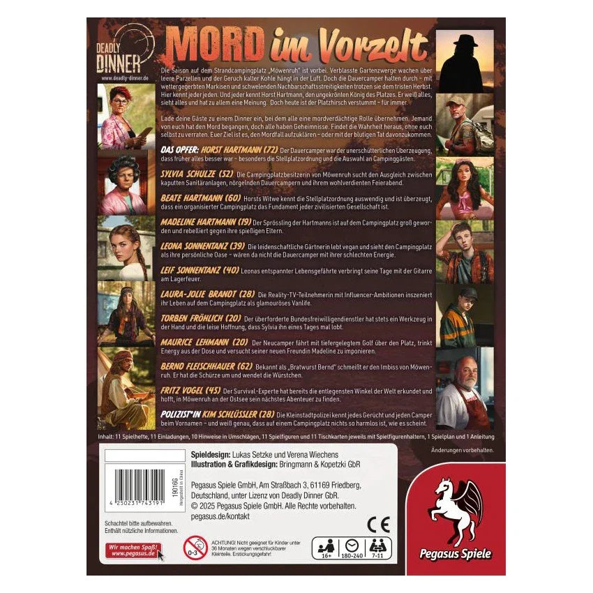 Deadly Dinner Mord im Vorzelt Spielbox mit Charakterporträts und Textbeschreibung
