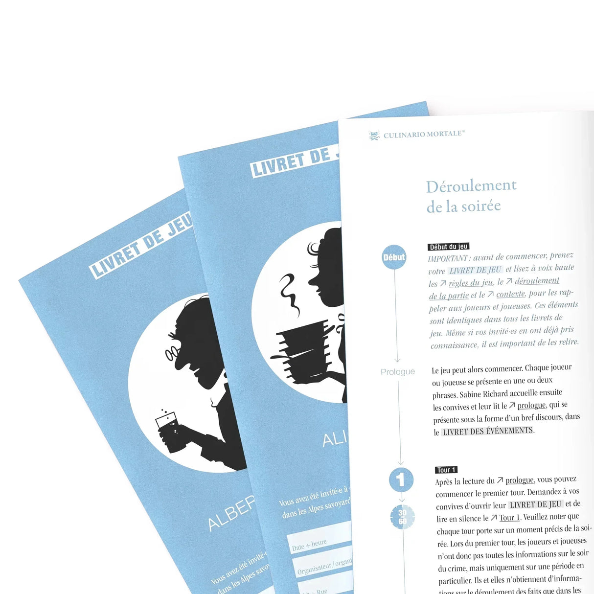Zwei blaue Spielhefte mit schwarzen Silhouetten von Personen und französischem Text