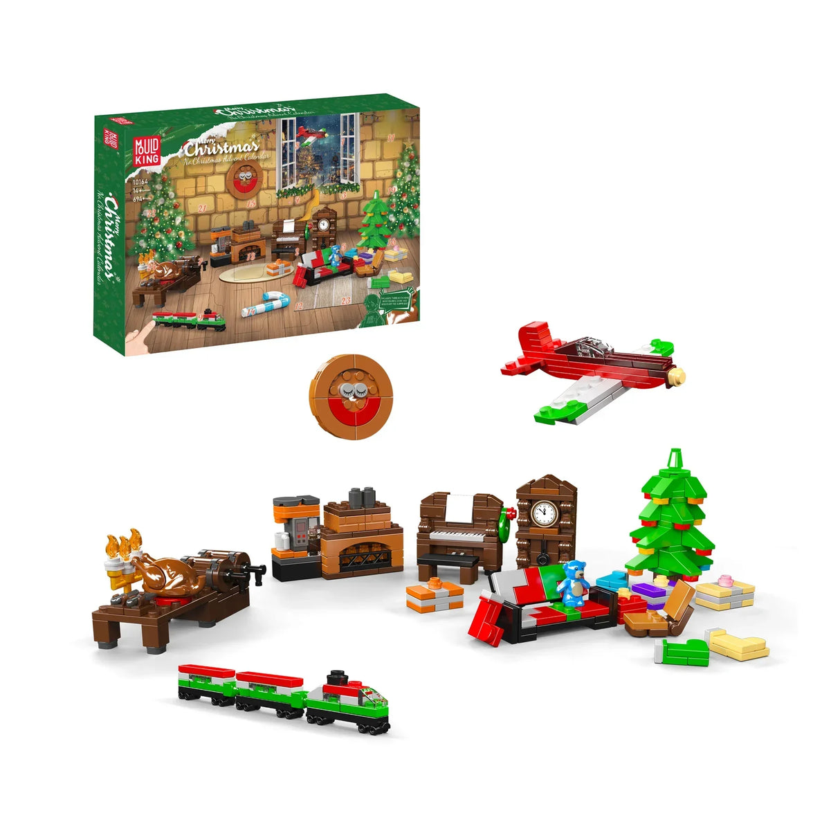 Weihnachts-Adventskalender-Set mit Bausteinen, Flugzeug, Zug, Möbeln und Weihnachtsbaum