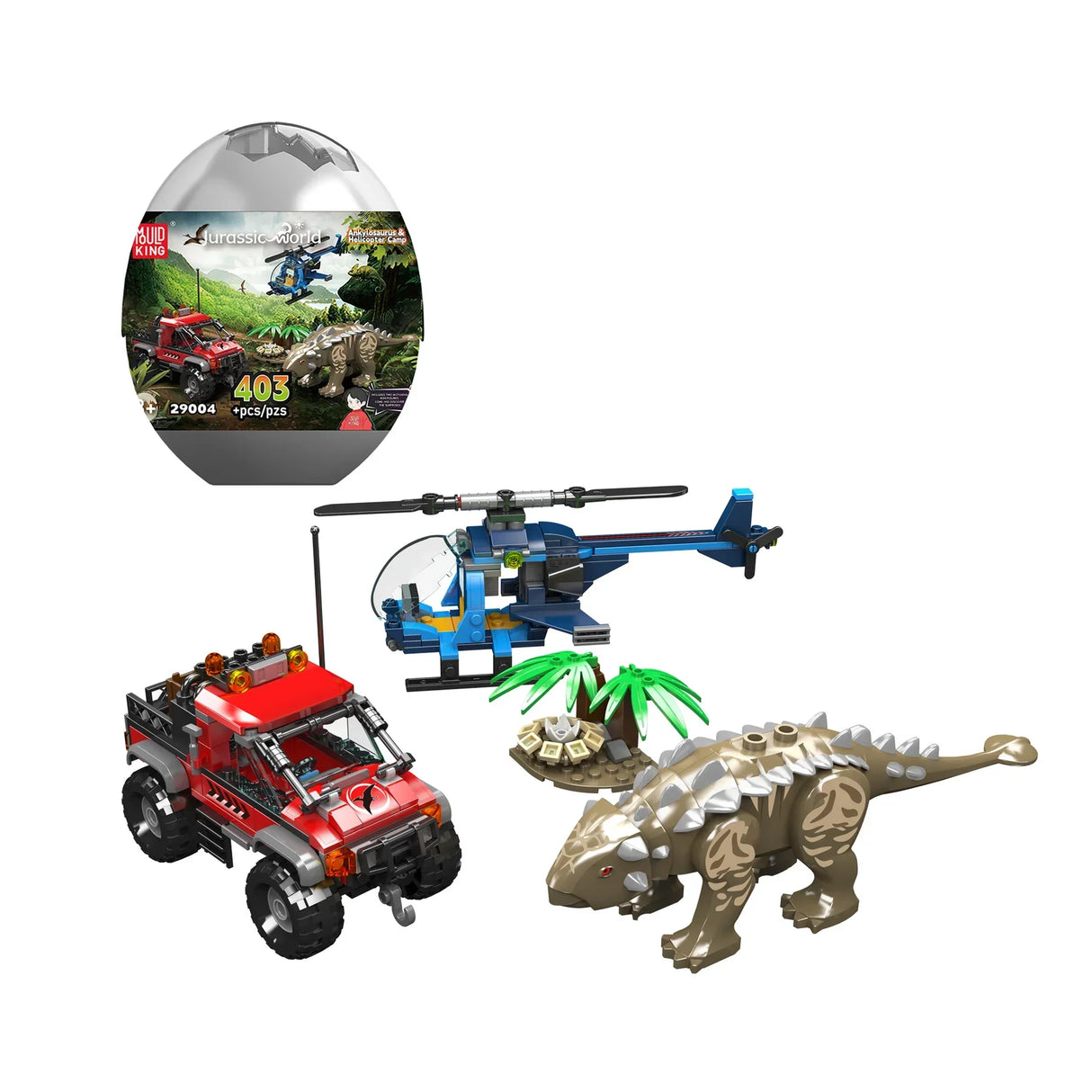 Jurassic World Bausatz mit Ankylosaurus, Hubschrauber und rotem Geländewagen