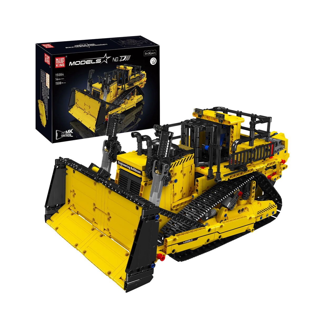 Gelber Bulldozer aus Bausteinen mit schwarzer Verpackung