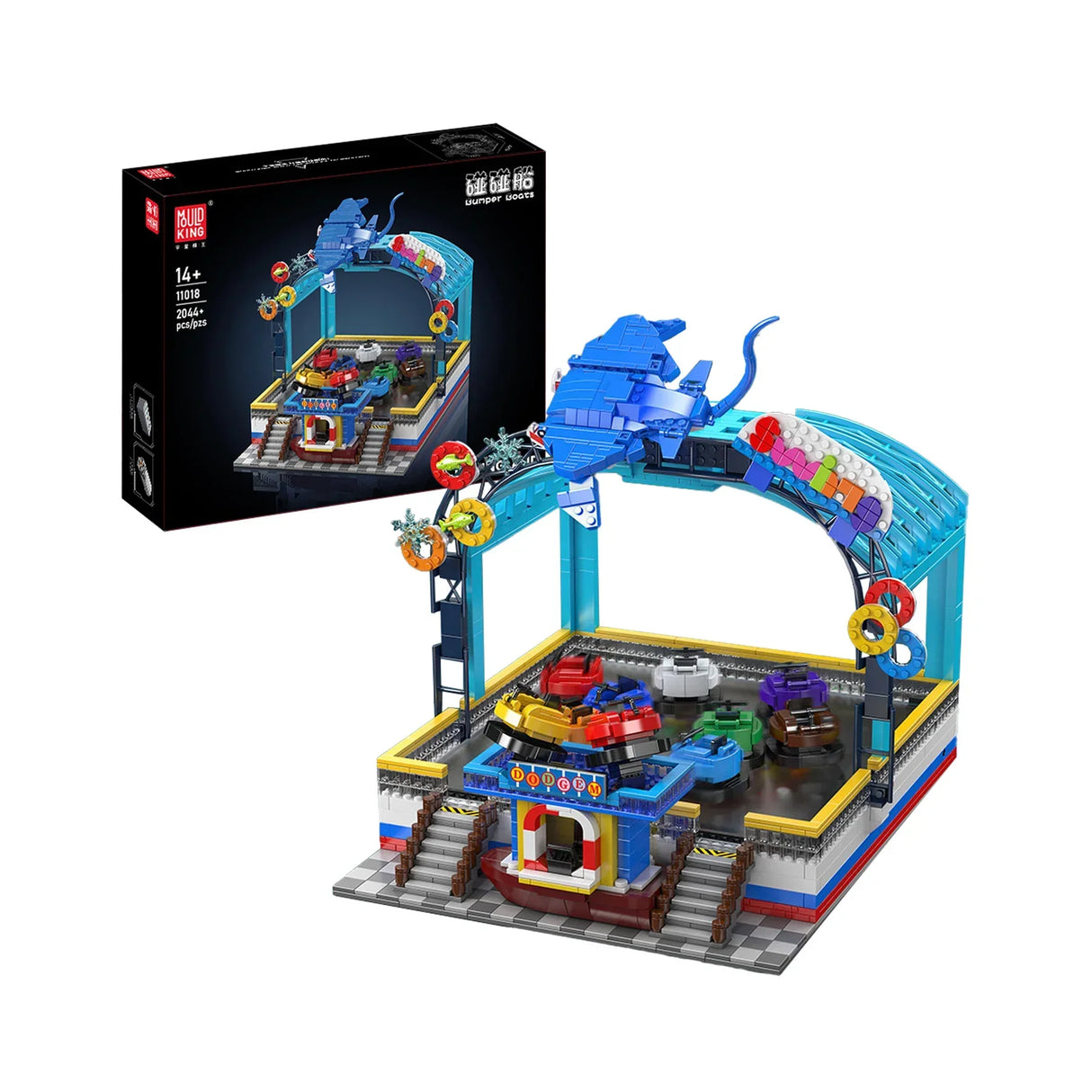 Mould King Bumper Boats Set mit blauer Manta-Figur und bunten Autos