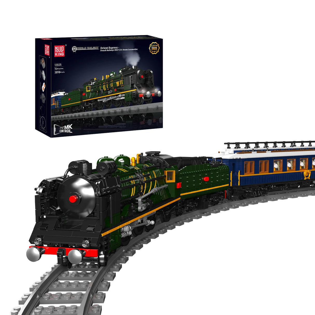 Mould King Orient Express Dampflokomotive mit Waggon auf Schienen und Verpackung