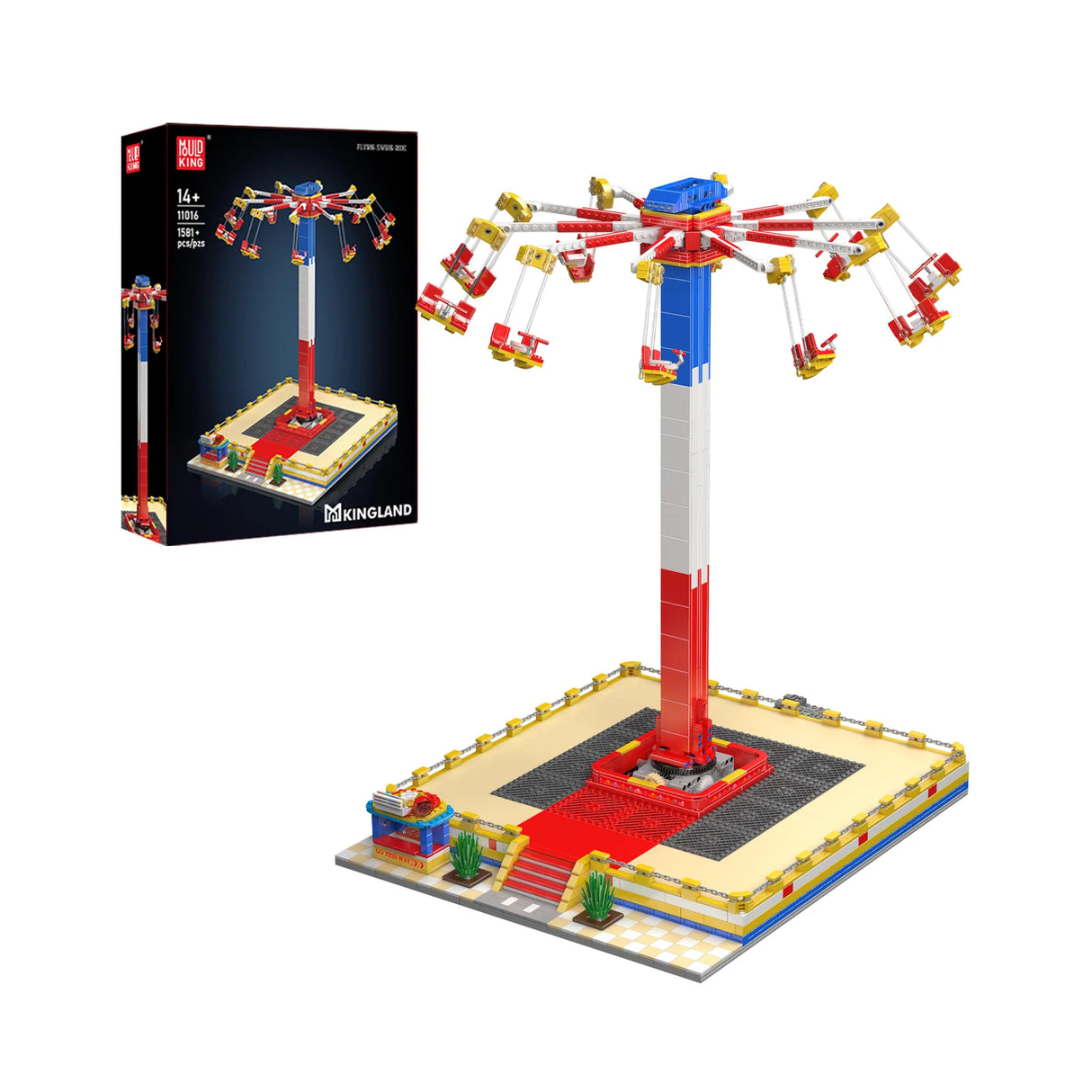 Baukasten eines Kettenkarussells mit rotem, blauem und weißem Turm, gelben Sitzen und schwarzer Basis