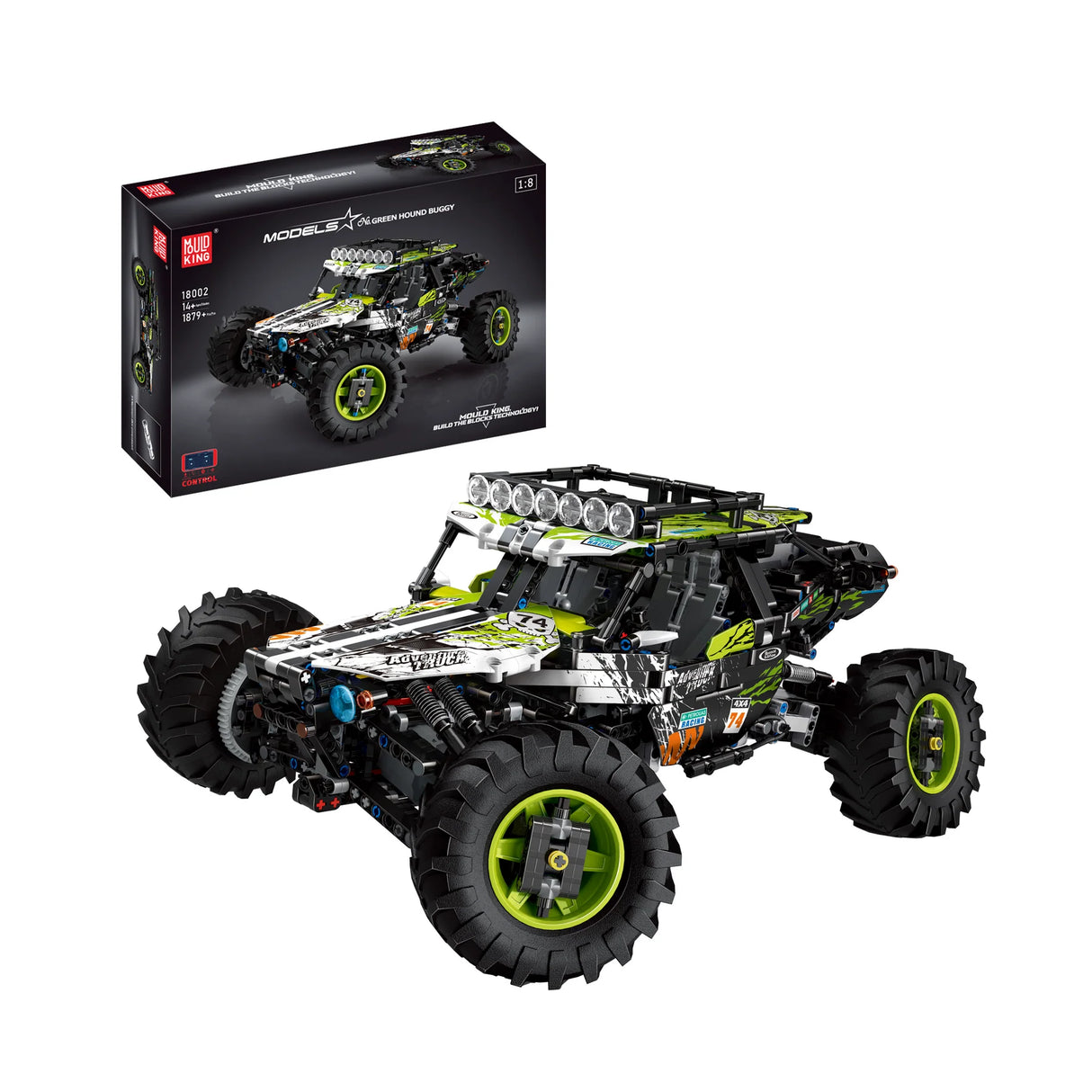Mould King Green Hound Buggy Klemmbausteine Set 18002 – ferngesteuerter Offroad-Buggy 1:8 mit Verpackung und 1879 Teilen
