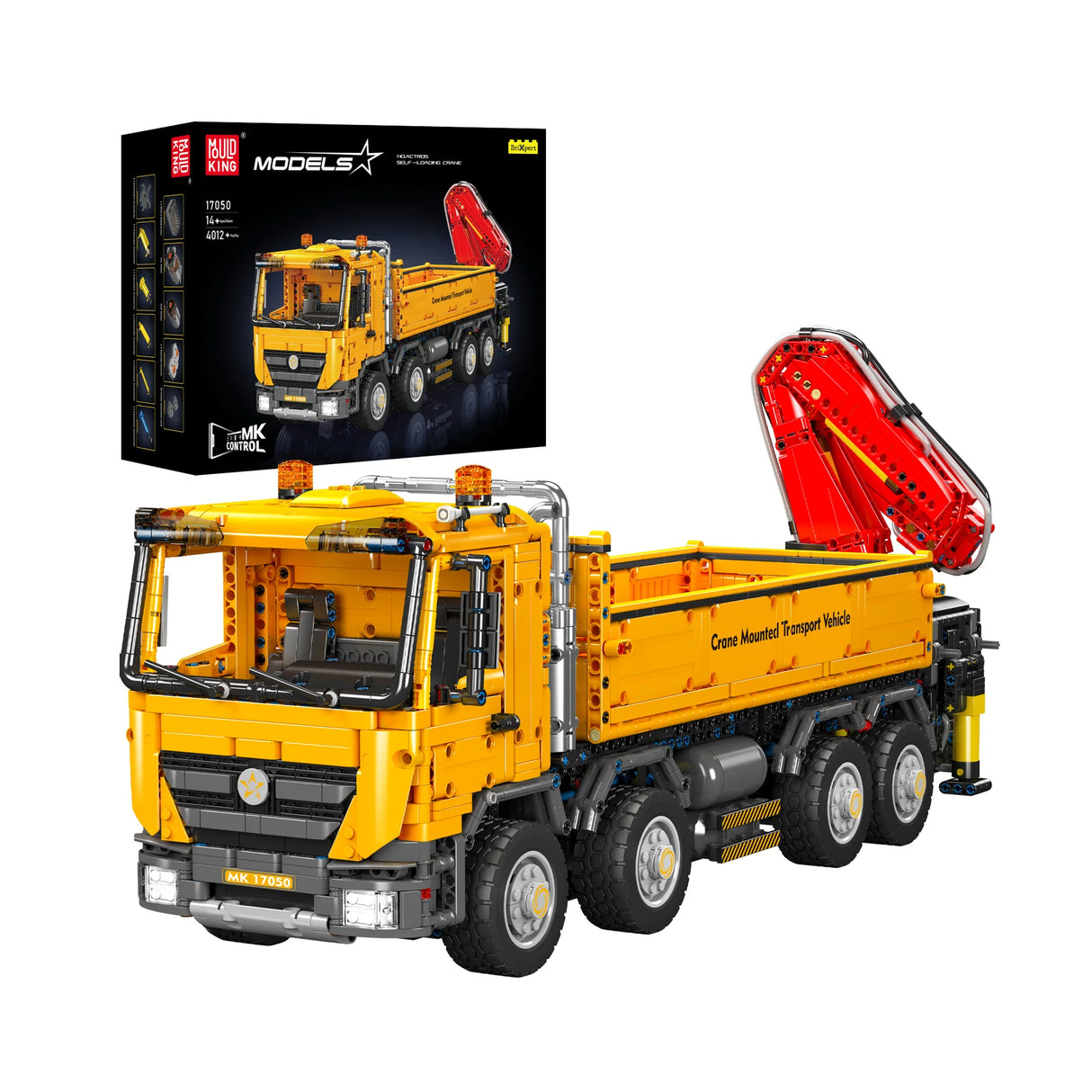 Mould King Kranwagen Klemmbausteine Set 17050 – gelber ferngesteuerter LKW mit Ladekran und Kippmulde, 4012 Teile