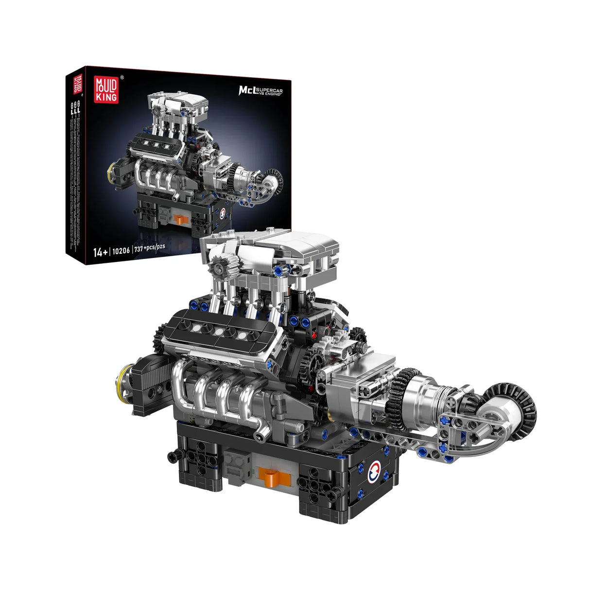 Mould King Supercar V8 Motor Modellbausatz mit 737 Teilen und Verpackung