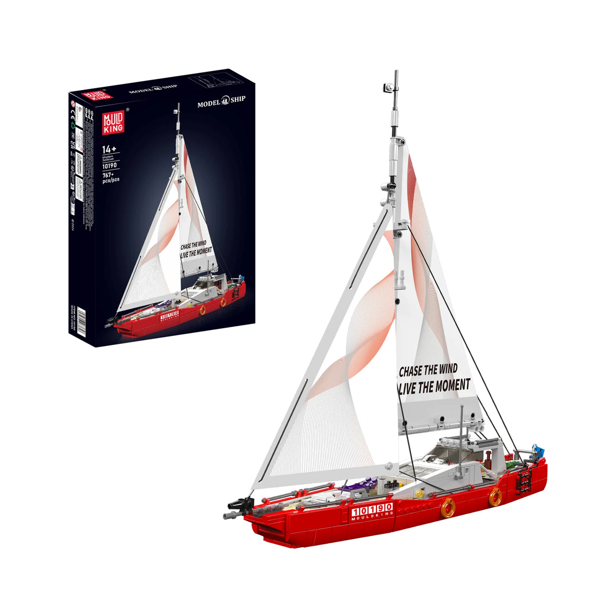 Mould King Modernes Segelboot II Klemmbausteine Set 10190 – rot-weiße Segelyacht mit vollen Segeln und 767 Teilen