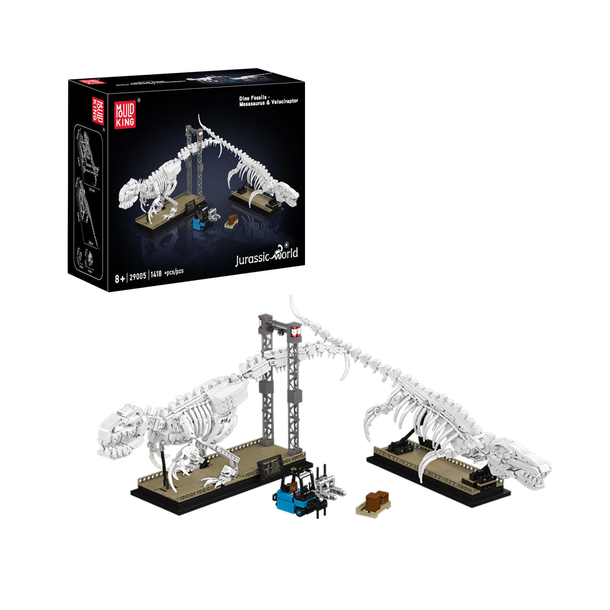 Mould King Dino Fossilien Mosasaurus & Velociraptor Bausatz mit Gabelstapler