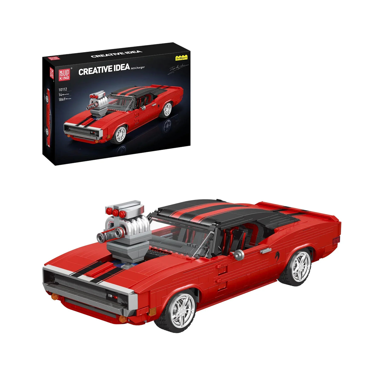 Rotes Spielzeugauto mit schwarzen Streifen und einem Motor auf der Motorhaube