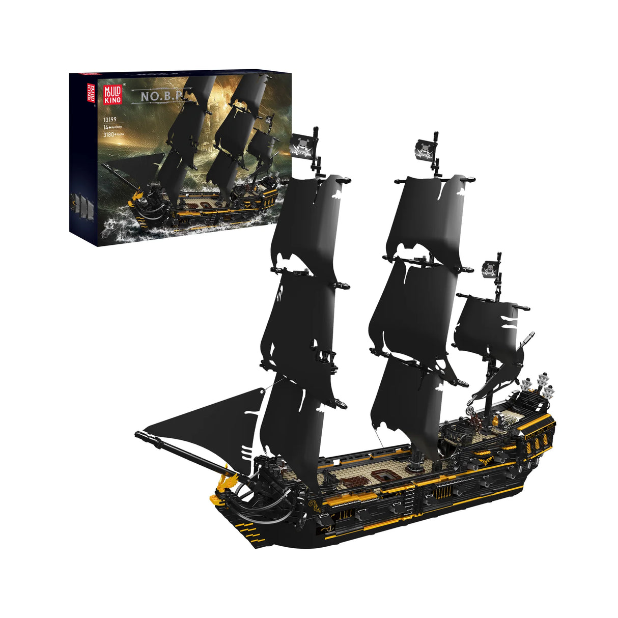 Mould King Piratenschiff Bausatz mit schwarzen Segeln und Totenkopfflaggen