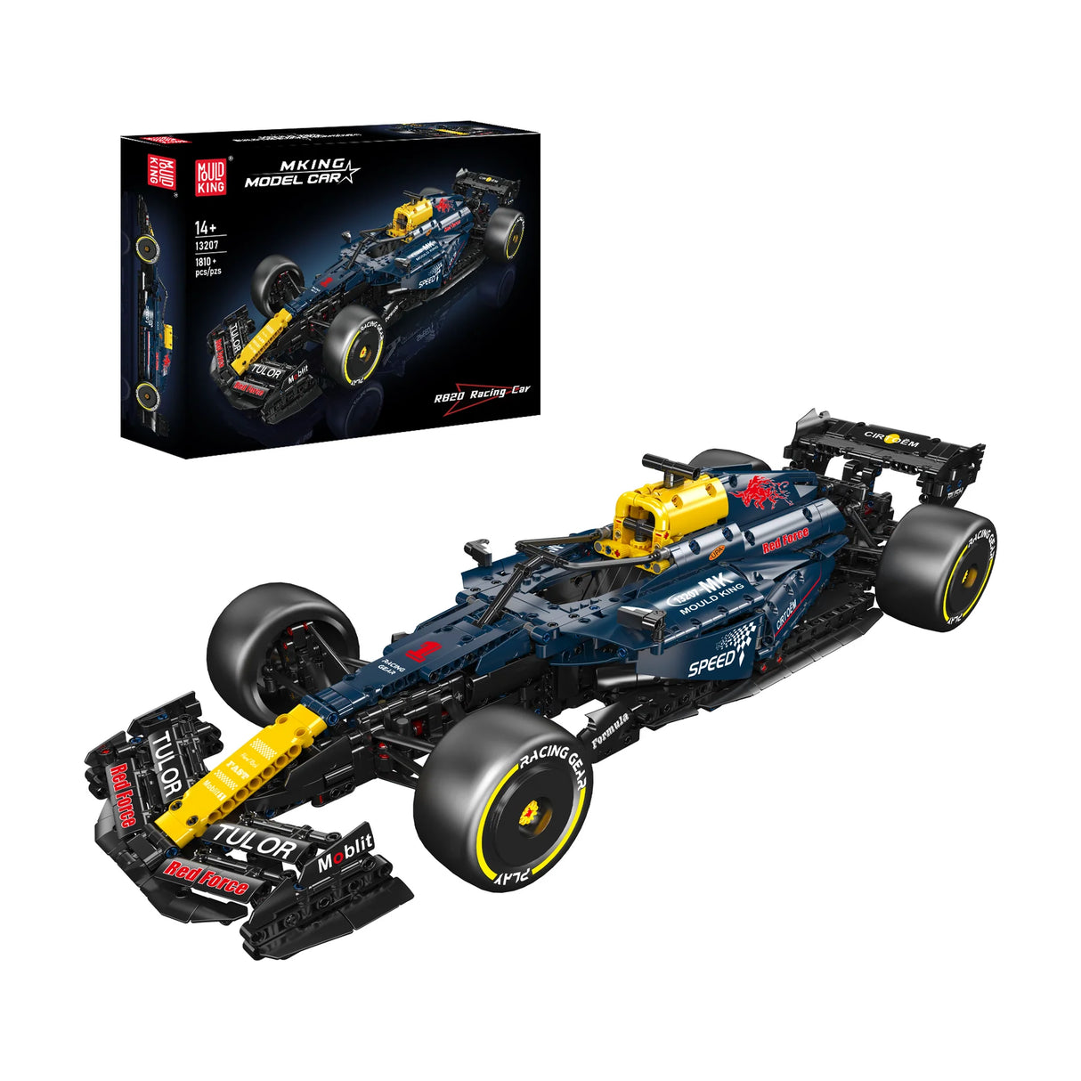 Bausatz eines Formel-1-Rennwagens in Dunkelblau und Gelb mit Verpackung