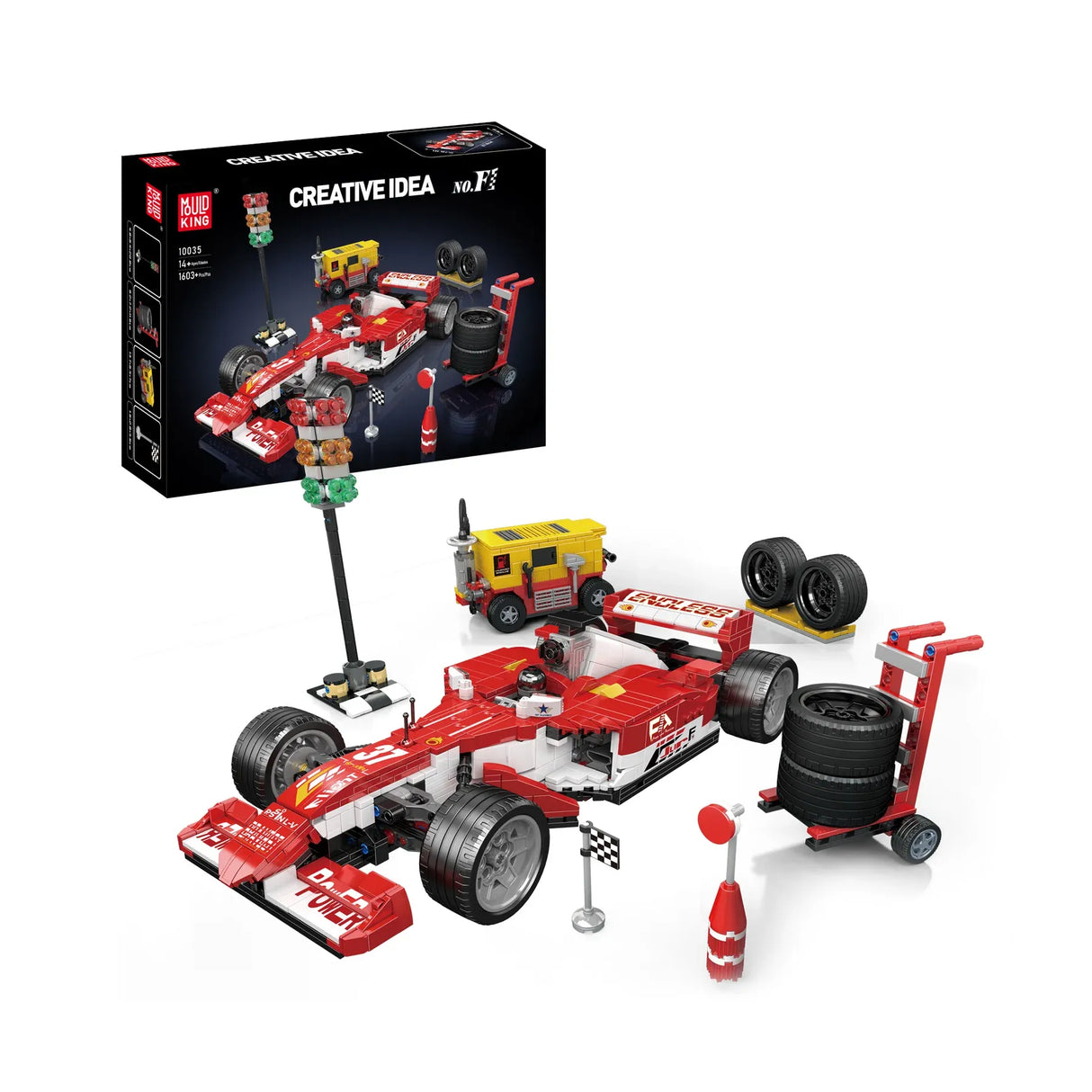 Roter Formel-1-Rennwagen Bausatz mit Boxenstopp-Zubehör und Verpackung