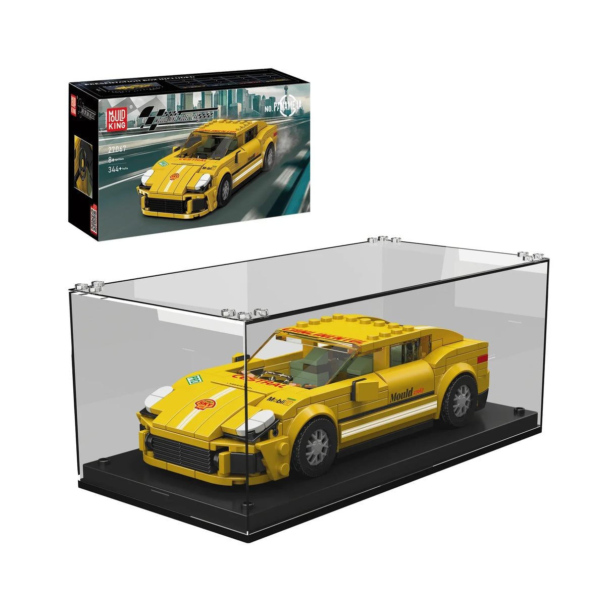 Gelbes Spielzeugauto in Vitrine mit Verpackung