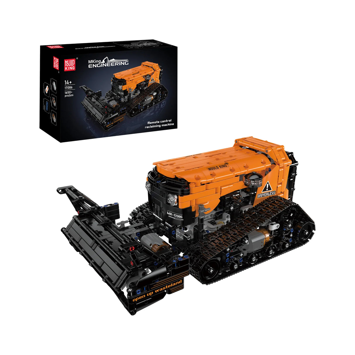 Mould King Rodungsmaschine Klemmbausteine Set 17086 – ferngesteuerter Raupen-Räumfahrzeug in Orange mit Verpackung und 1650 Teilen