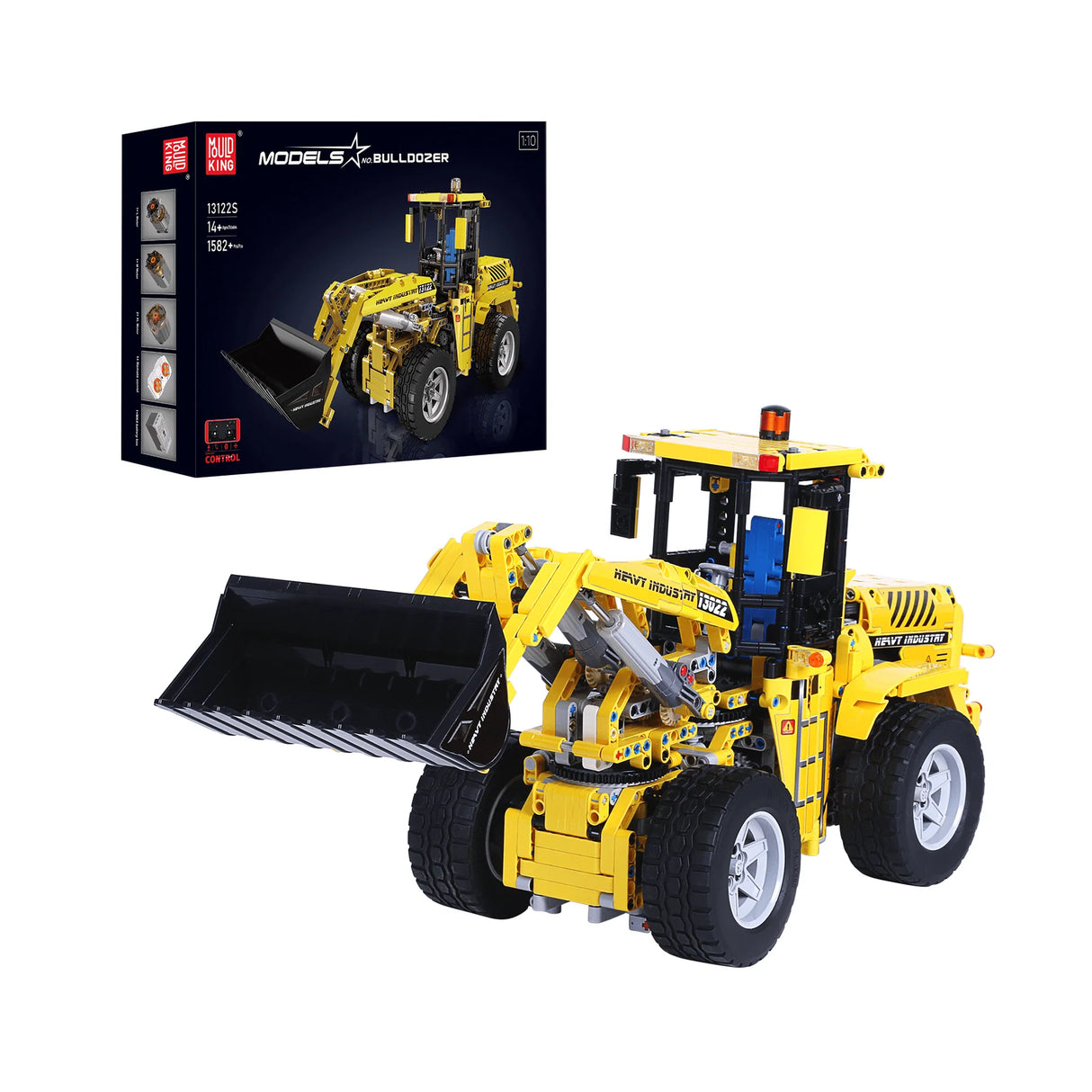 Gelber Bulldozer mit schwarzer Schaufel und Verpackung