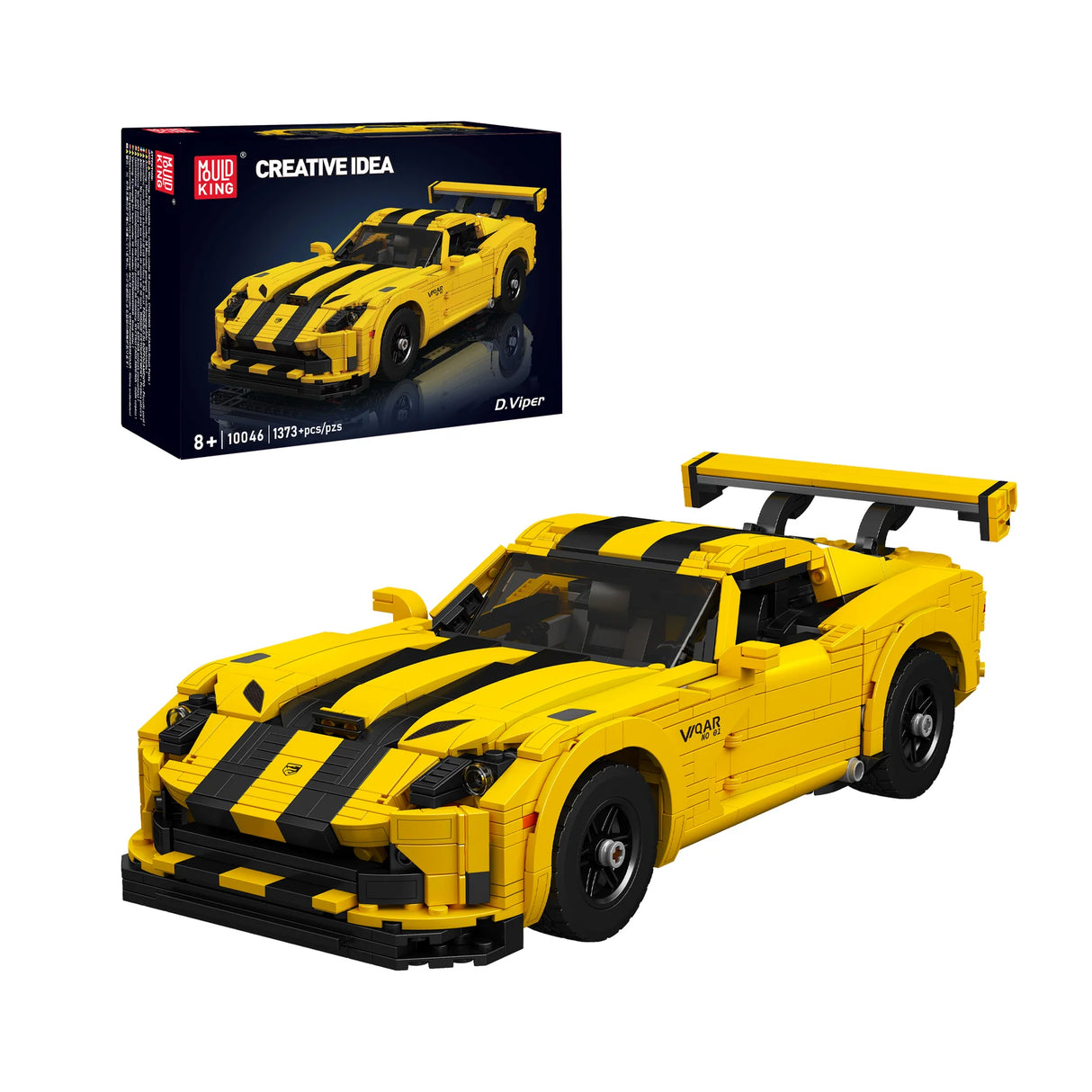 Mould King Sportwagen D. Viper Klemmbausteine Set 10046 – gelber Sportwagen mit Rennstreifen, Heckflügel und 1373 Teilen