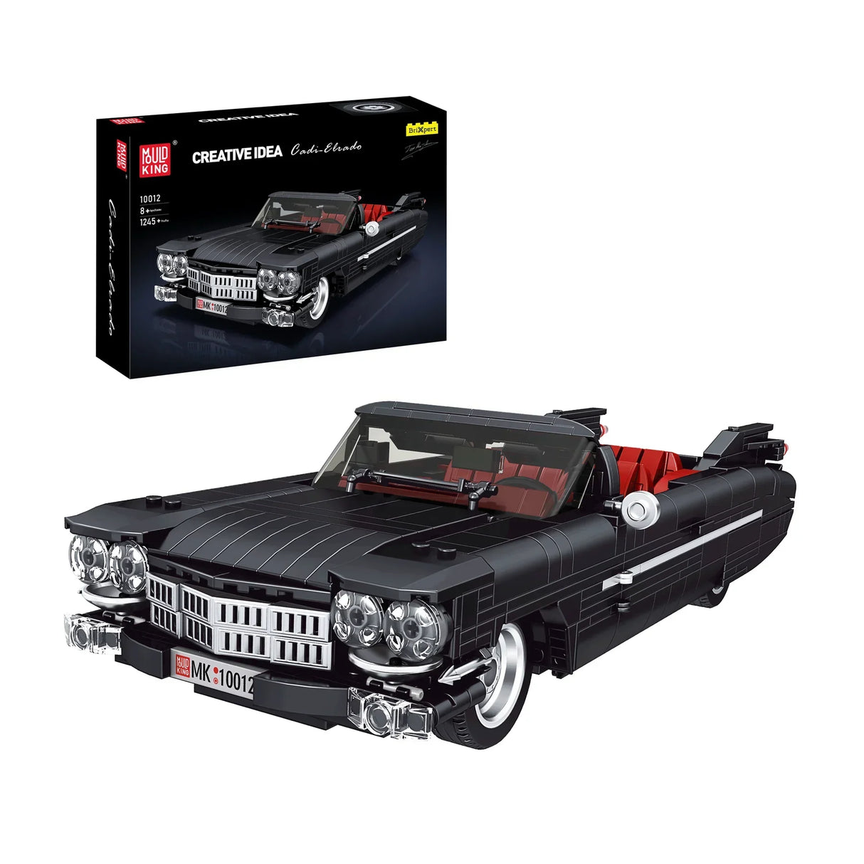 Bausatz eines schwarzen Oldtimer-Cabrios mit roter Innenausstattung und Chromdetails