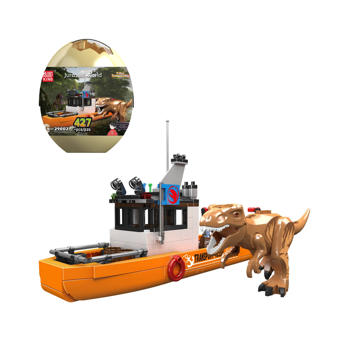 Jurassic World T-Rex Transportschiff Bausatz mit 427 Teilen und einem T-Rex
