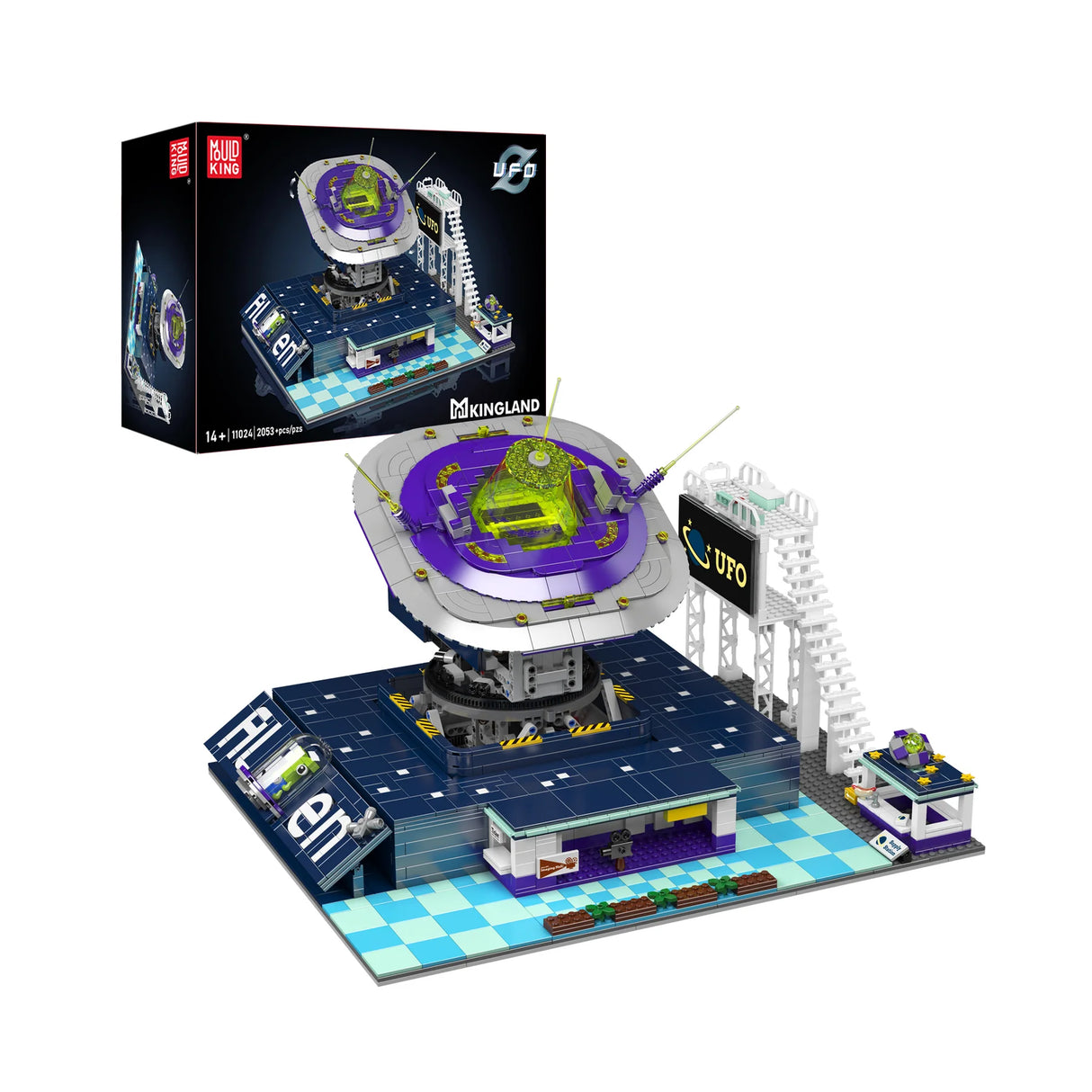 Mould King UFO-Bausatz mit lila und grünem Raumschiff auf einer blauen Basis und einer Box im Hintergrund