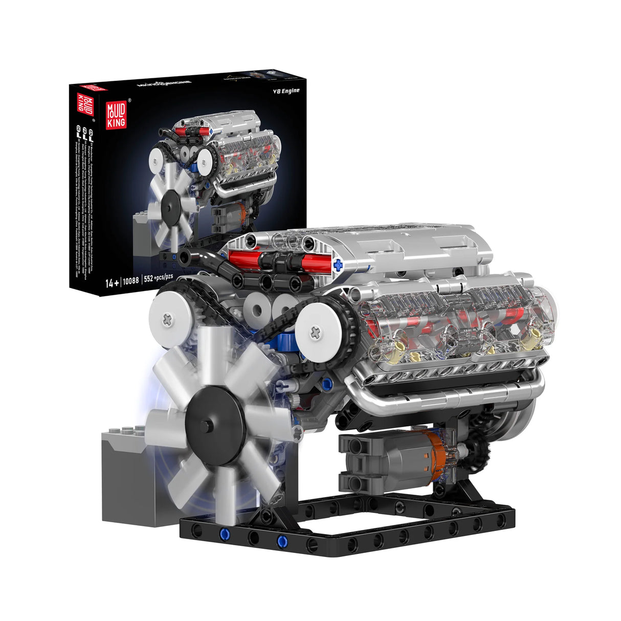 V8-Motor-Modellbausatz mit drehendem Lüfter und sichtbaren Innenteilen