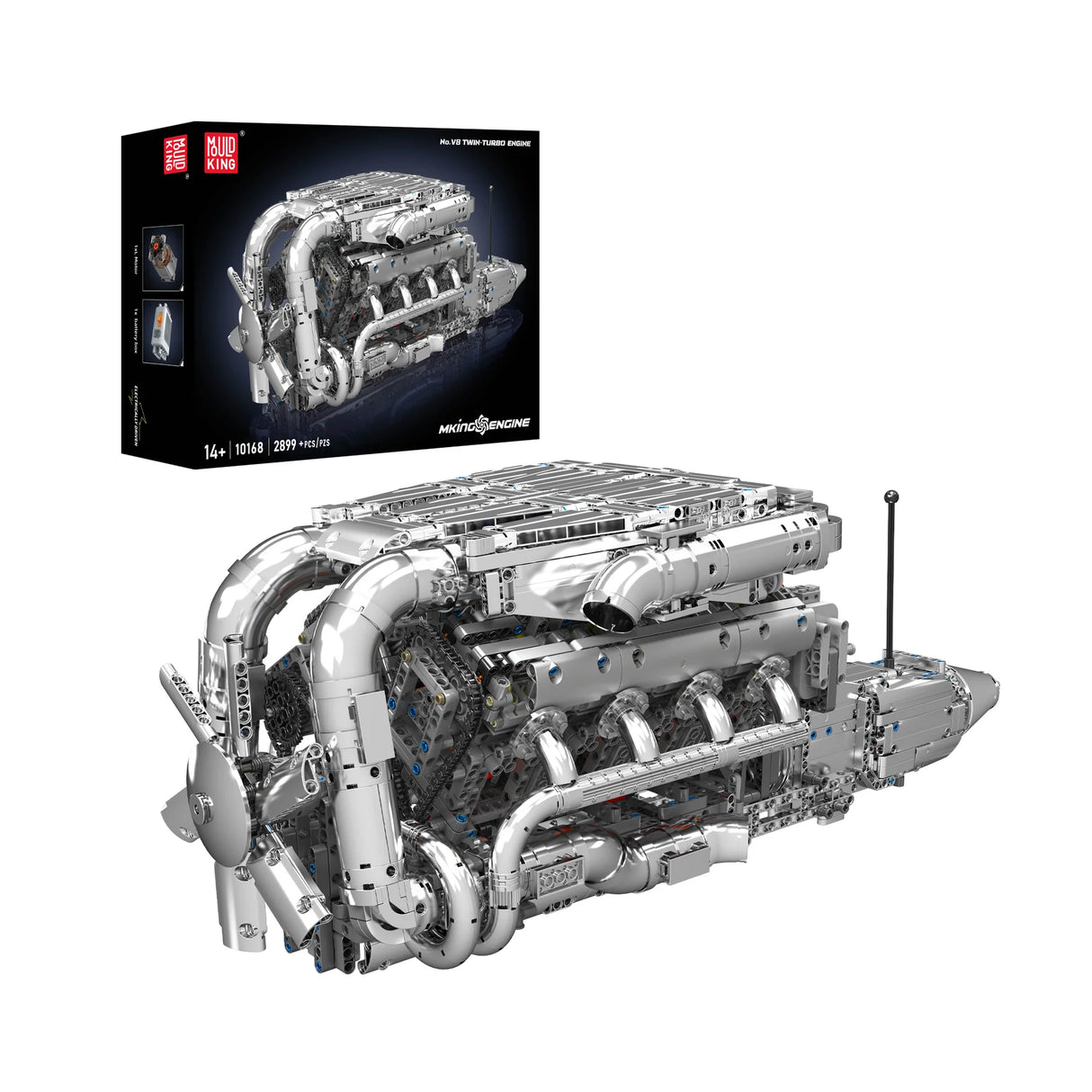 Bausatz eines V8-Twin-Turbo-Motors mit Verpackung