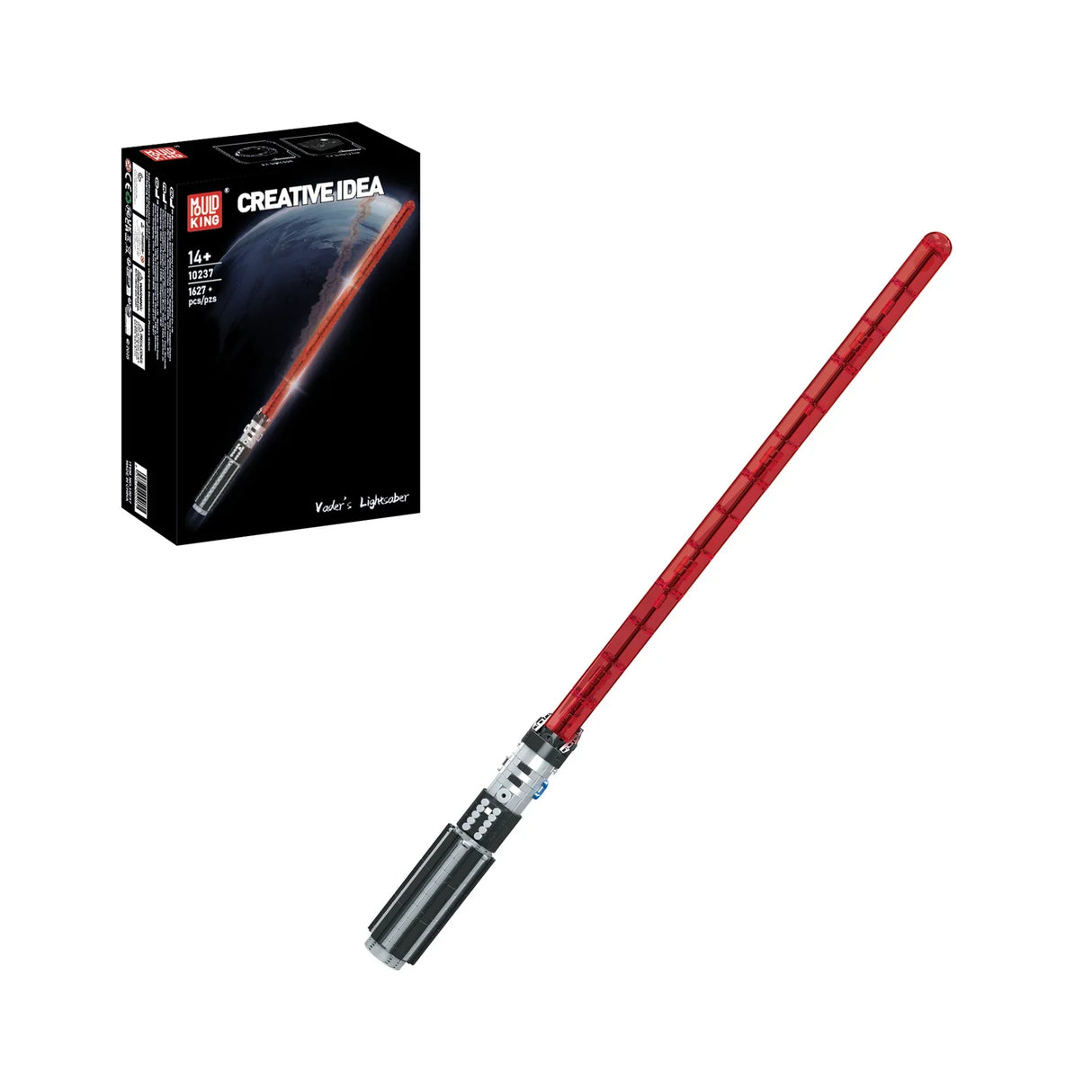 Darth Vaders Lichtschwert Bausatz mit roter Klinge und schwarzem Griff, daneben die schwarze Verpackung
