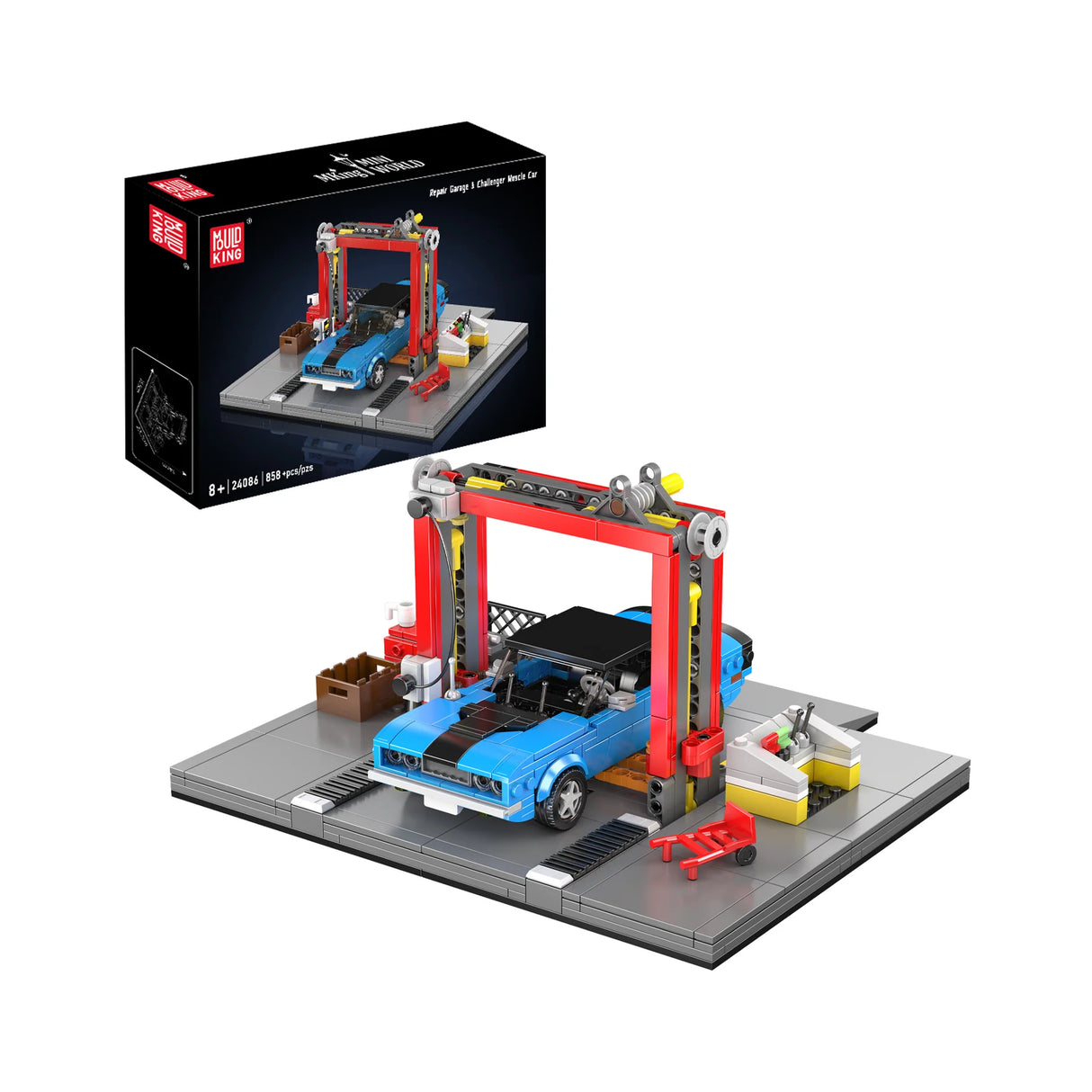 Mould King Repair Garage & Challenger Muscle Car Set mit blauer Sportwagen-Miniatur und Hebebühne