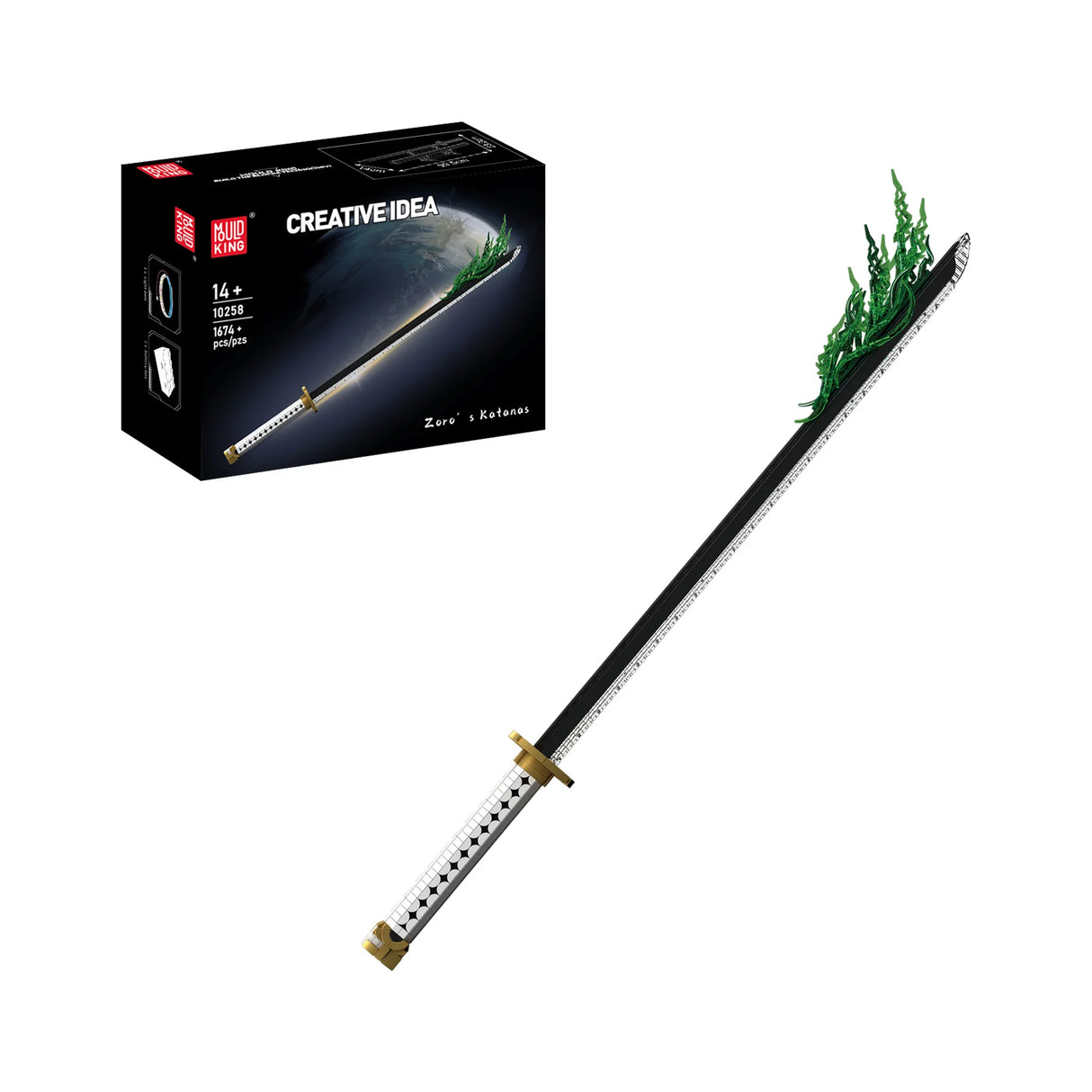 Schwarzes Katana mit grünem Griff und goldener Parierstange, daneben eine schwarze Schachtel mit dem Bild des Katanas