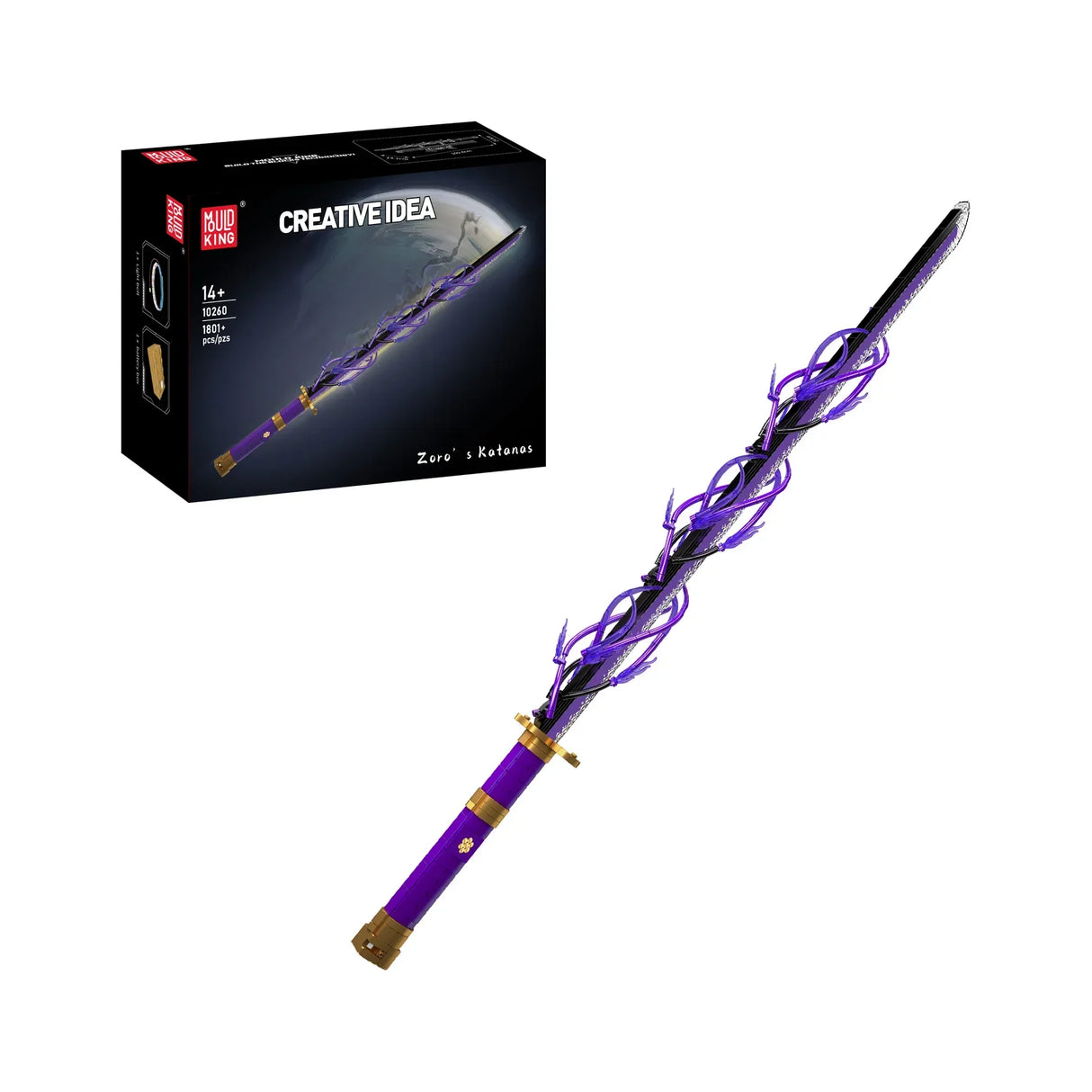 Lila Katana mit leuchtenden Verzierungen und einer schwarzen Schachtel mit der Aufschrift „CREATIVE IDEA“