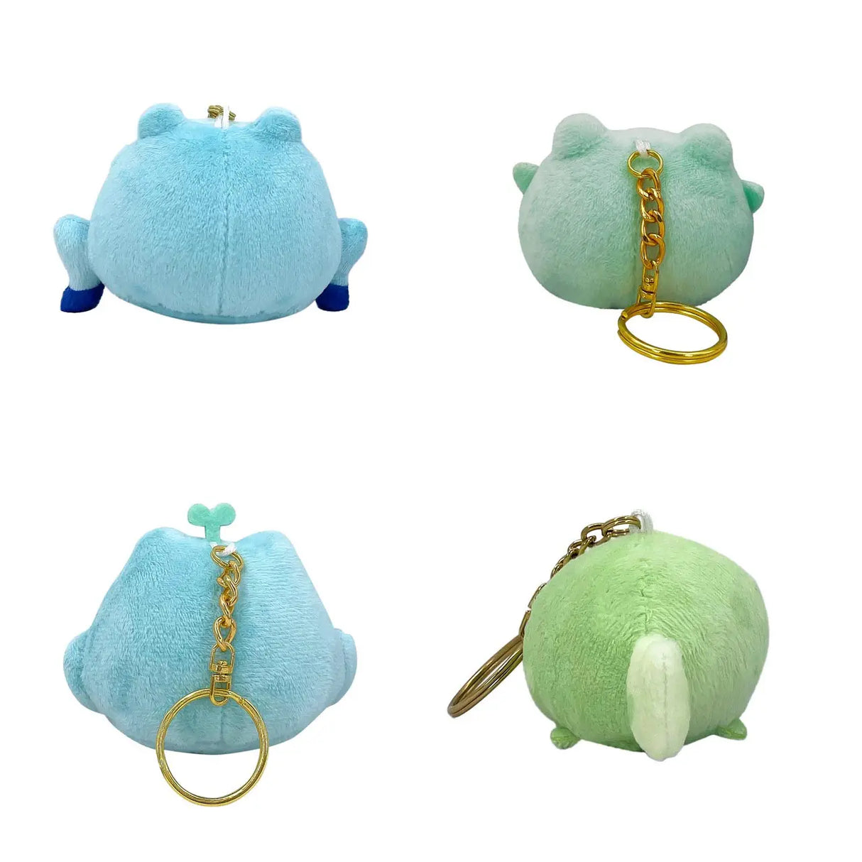 Vier Frosch-Schlüsselanhänger in Blau und Grün, von hinten gesehen
