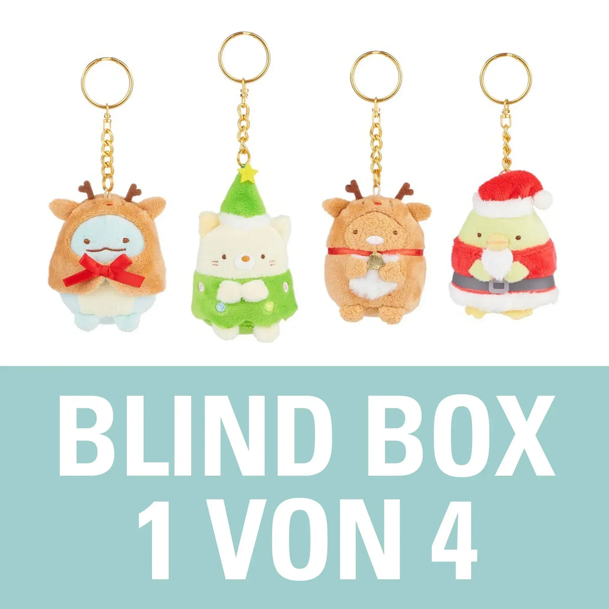 Vier weihnachtliche Plüsch Schlüsselanhänger in einer Blind Box Auswahl