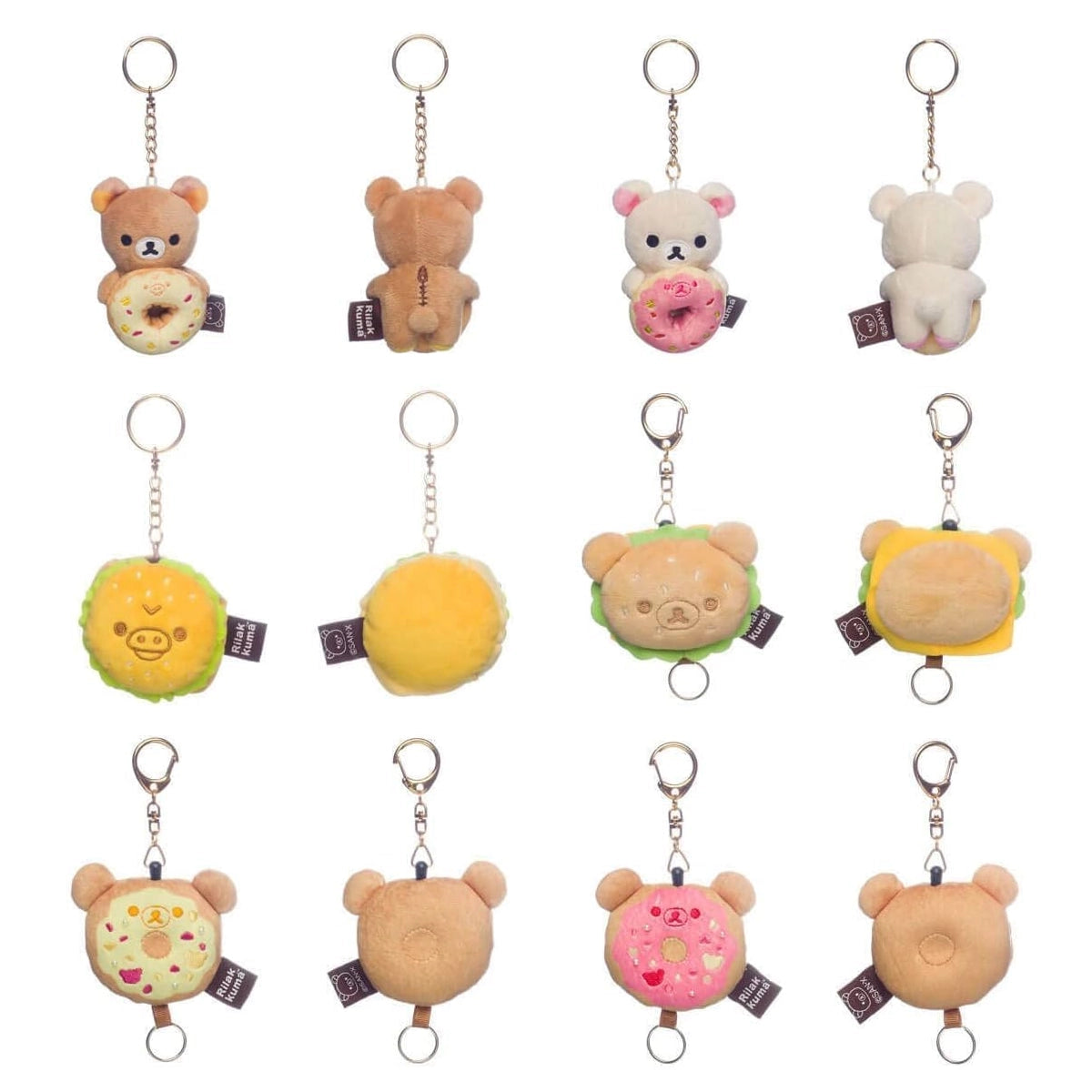Zwölf Rilakkuma-Schlüsselanhänger in verschiedenen Designs, darunter Bären mit Donuts und Hamburger