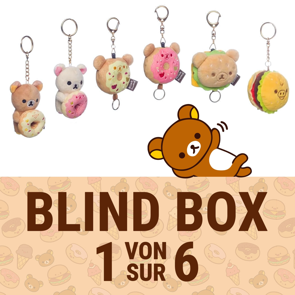 Sechs Rilakkuma-Schlüsselanhänger in verschiedenen Formen wie Donuts und Burger