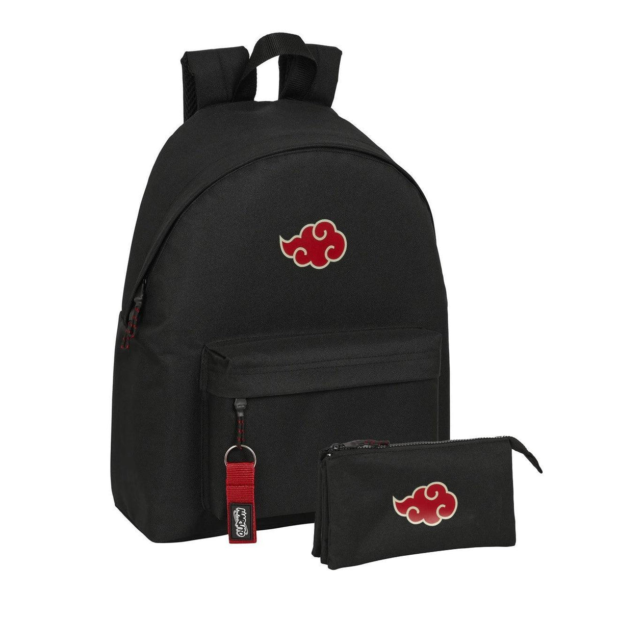 Schwarzer Naruto Rucksack mit Akatsuki Wolken Logo und passendem Federmäppchen