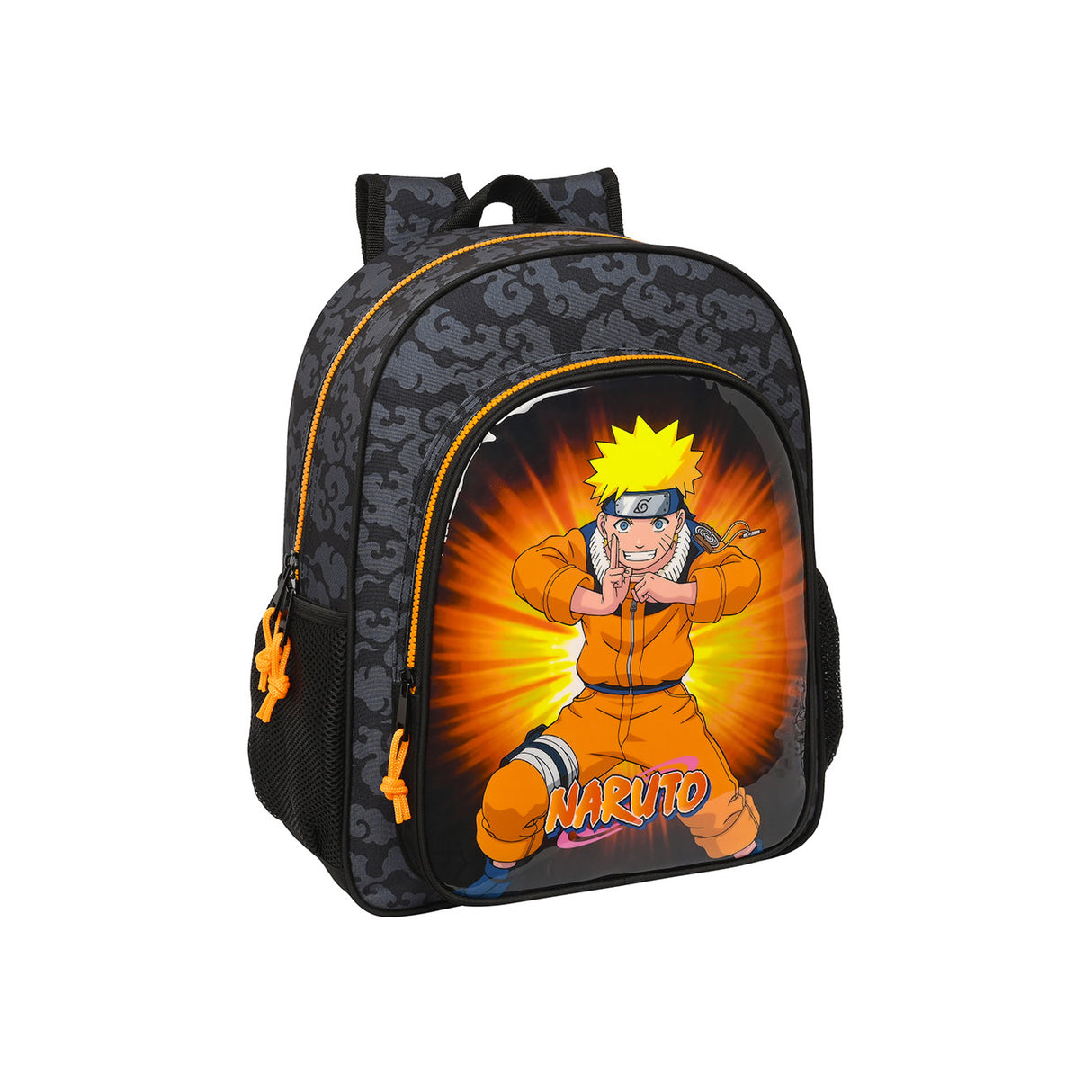 Schwarzer Rucksack mit Naruto Motiv und orangefarbenen Reißverschlüssen