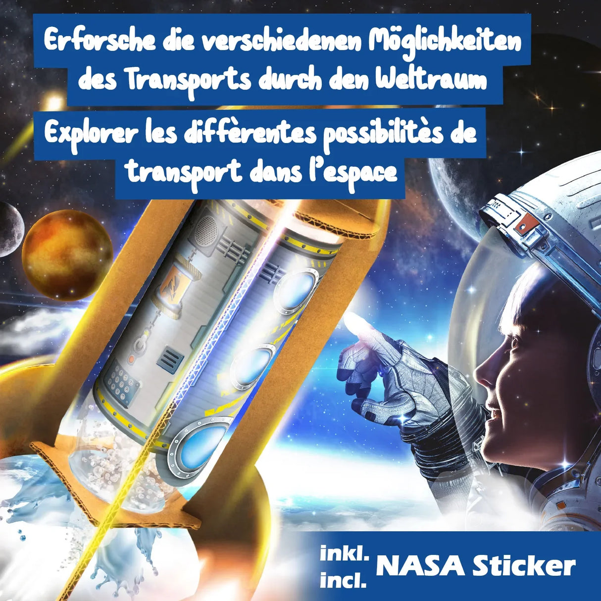 Astronaut im Weltraum mit Rakete und Planeten