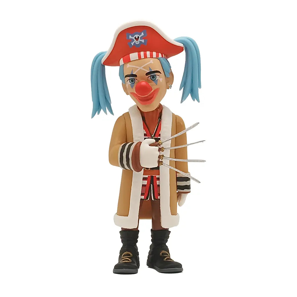 Figur eines Clowns mit Piratenhut, blauen Zöpfen und Krallen an der Hand